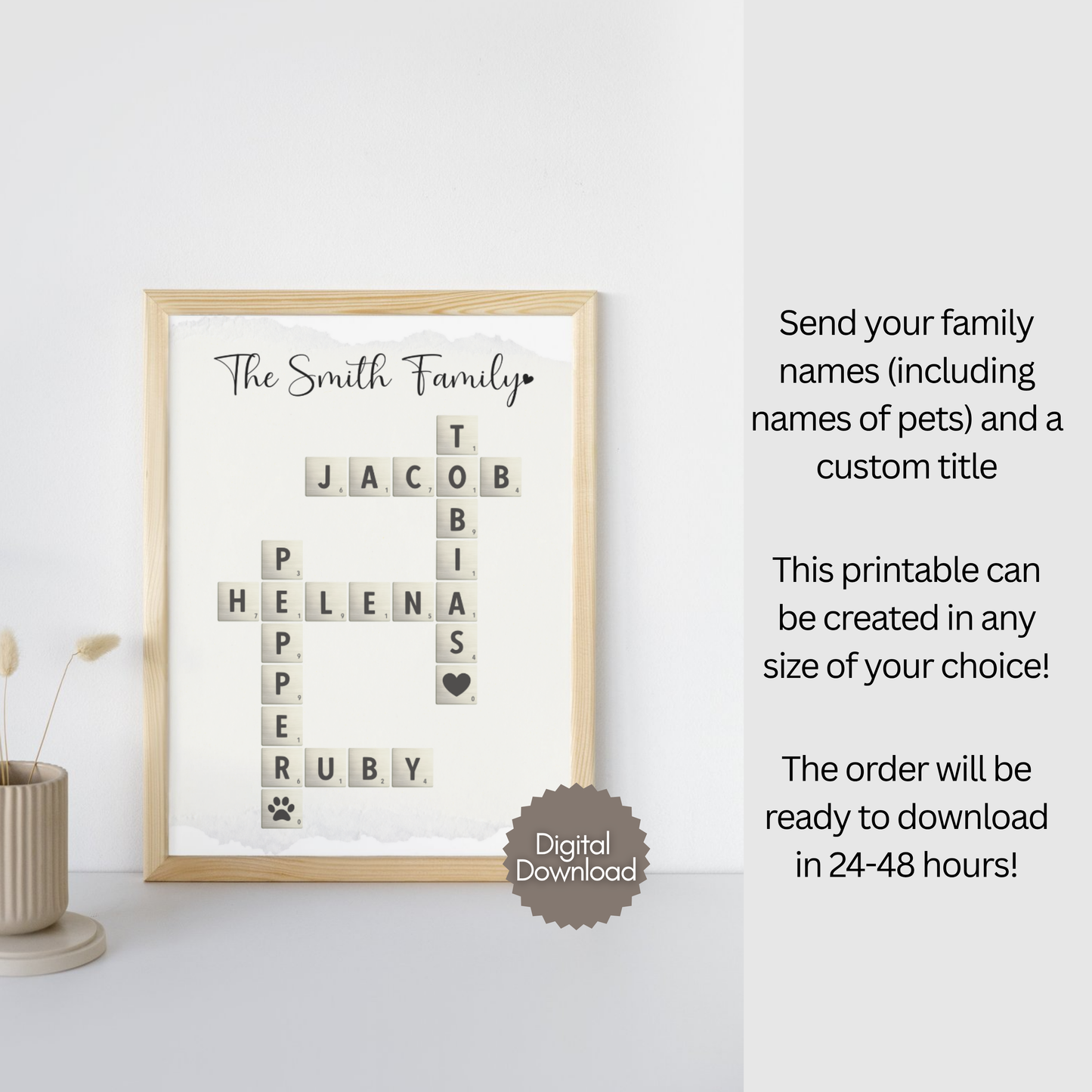 Personalized Family Name Poster Printable, Custom Crossword Sign Scrabble Letter Wall Art Gift