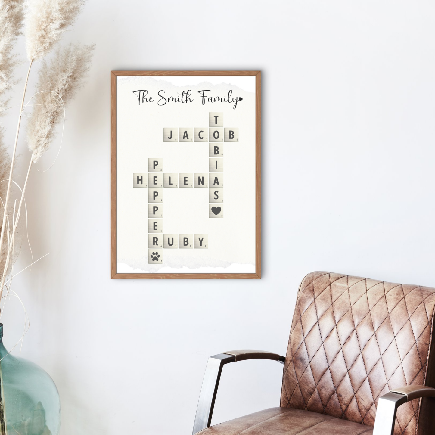 Personalized Family Name Poster Printable, Custom Crossword Sign Scrabble Letter Wall Art Gift