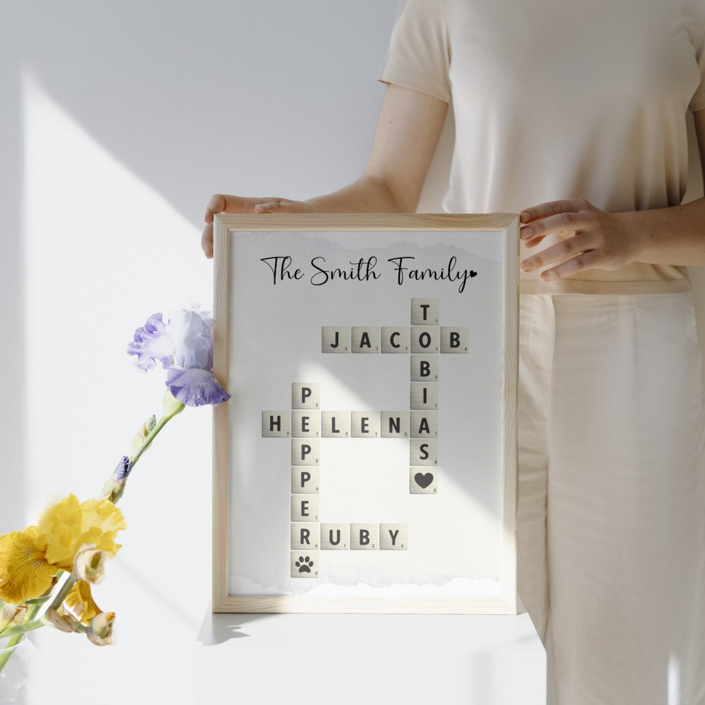 Personalized Family Name Poster Printable, Custom Crossword Sign Scrabble Letter Wall Art Gift