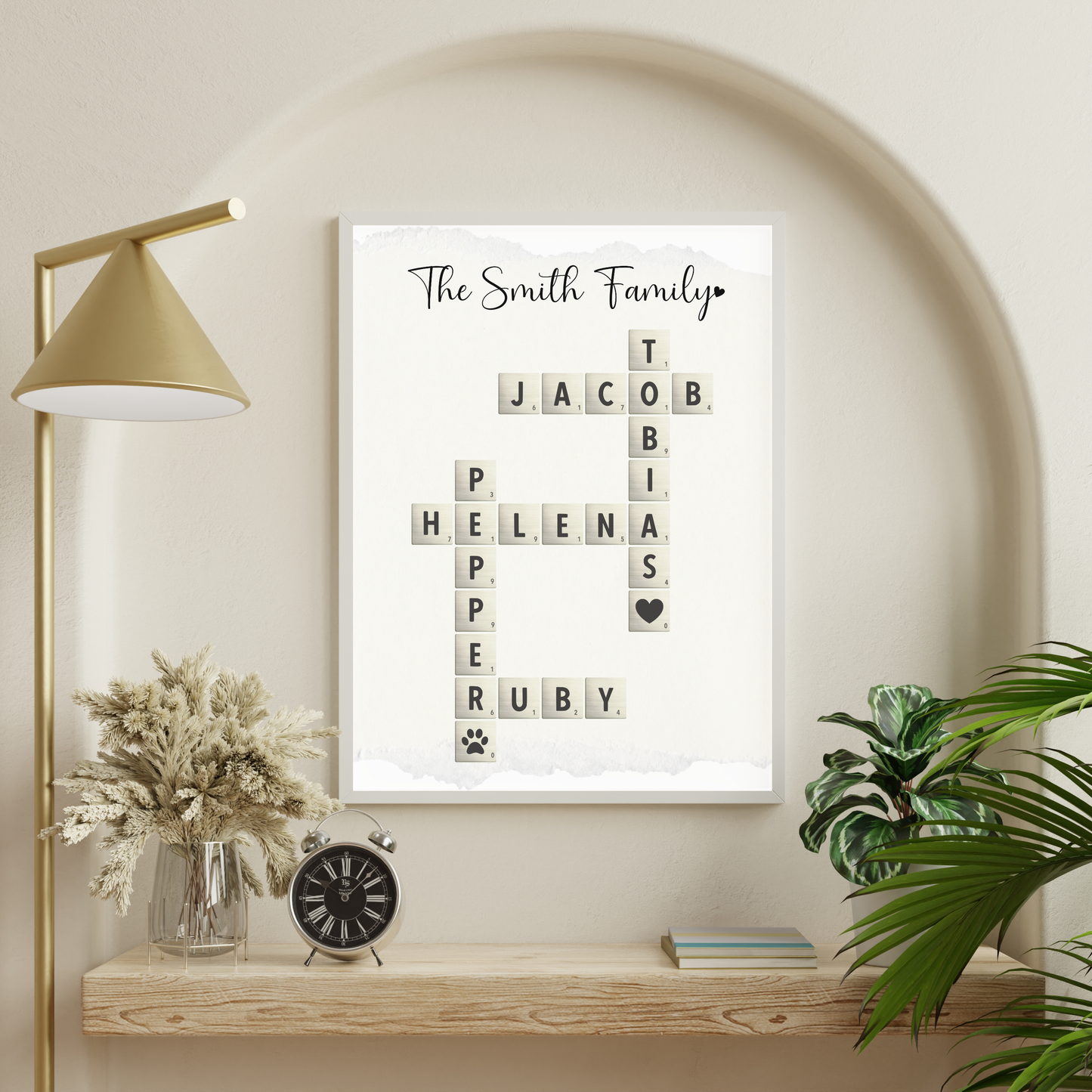 Personalized Family Name Poster Printable, Custom Crossword Sign Scrabble Letter Wall Art Gift