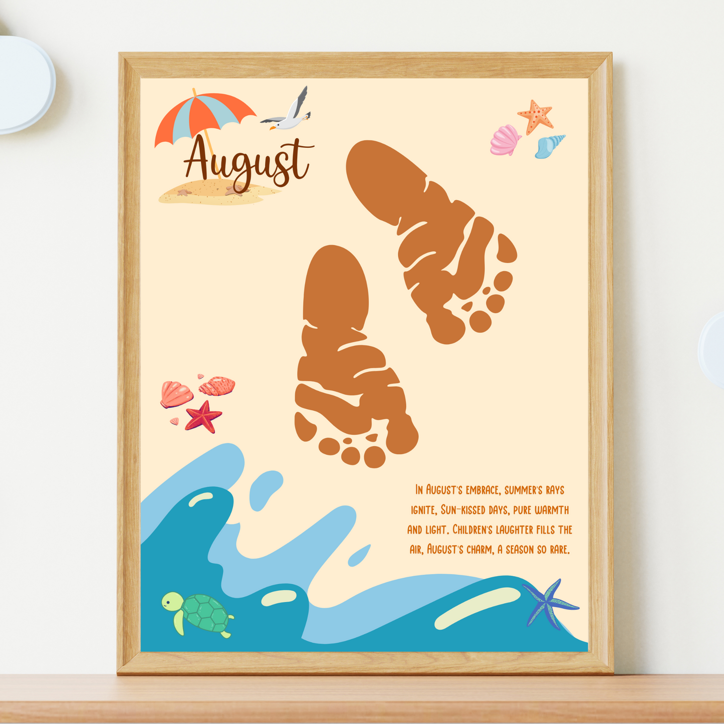 August Handprint Footprint Crafts Printable, DIY Art Kids Preschool Activity DIY Summer Monthly Keepsakes for Baby Toddler PreK Kindergarten