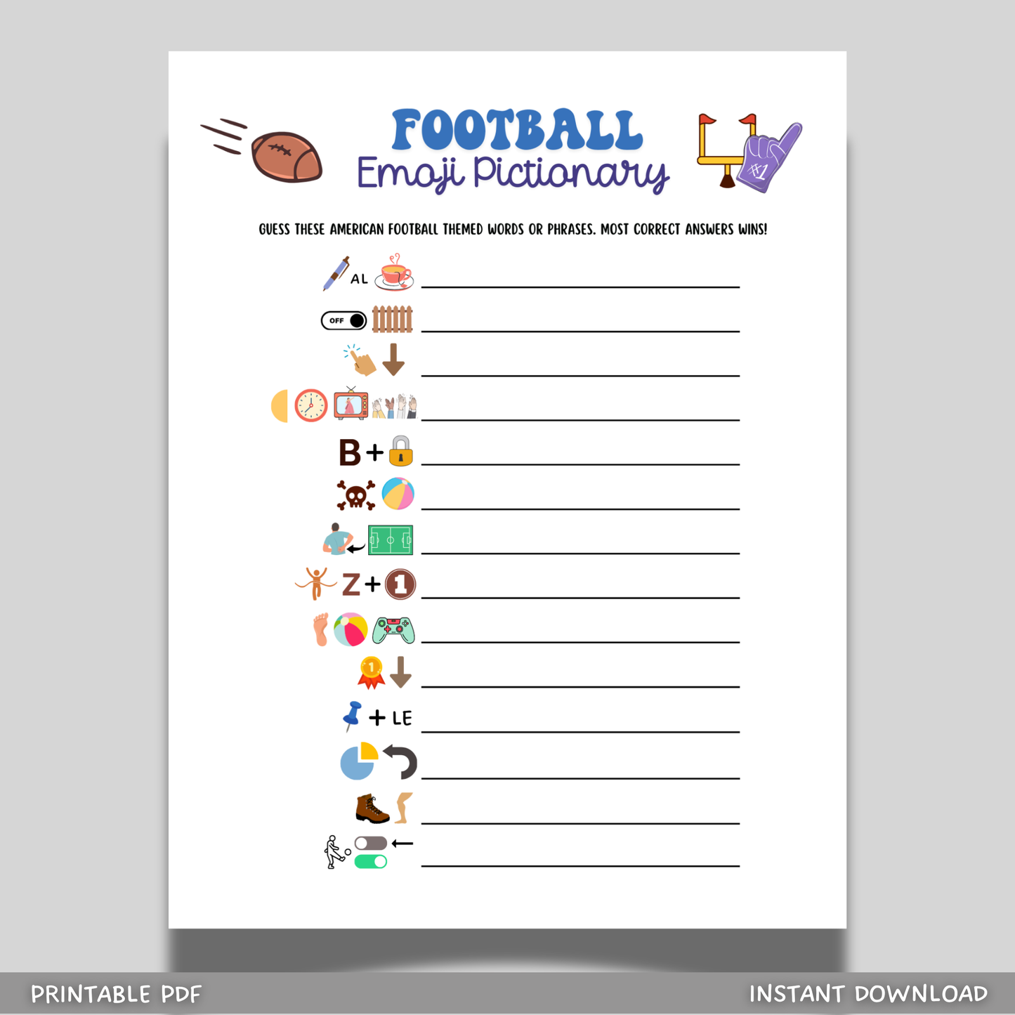 2026 Football Emoji Pictionary Game Printable