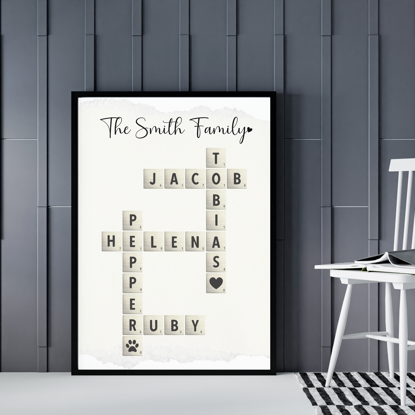 Personalized Family Name Poster Printable, Custom Crossword Sign Scrabble Letter Wall Art Gift