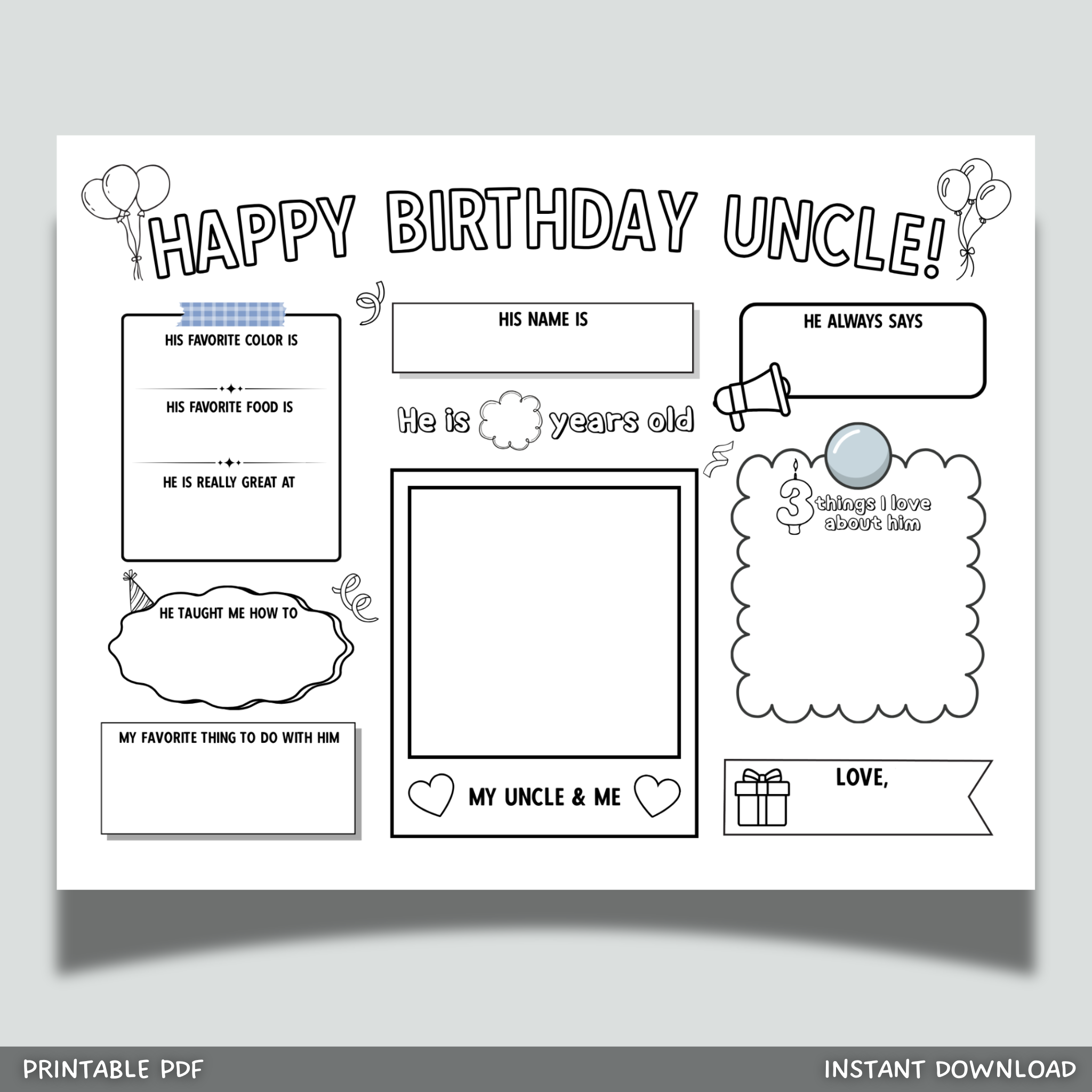Uncle Color Happy Birthday Uncle Coloring Page Printable, DIY Gift from Kids Appre ...