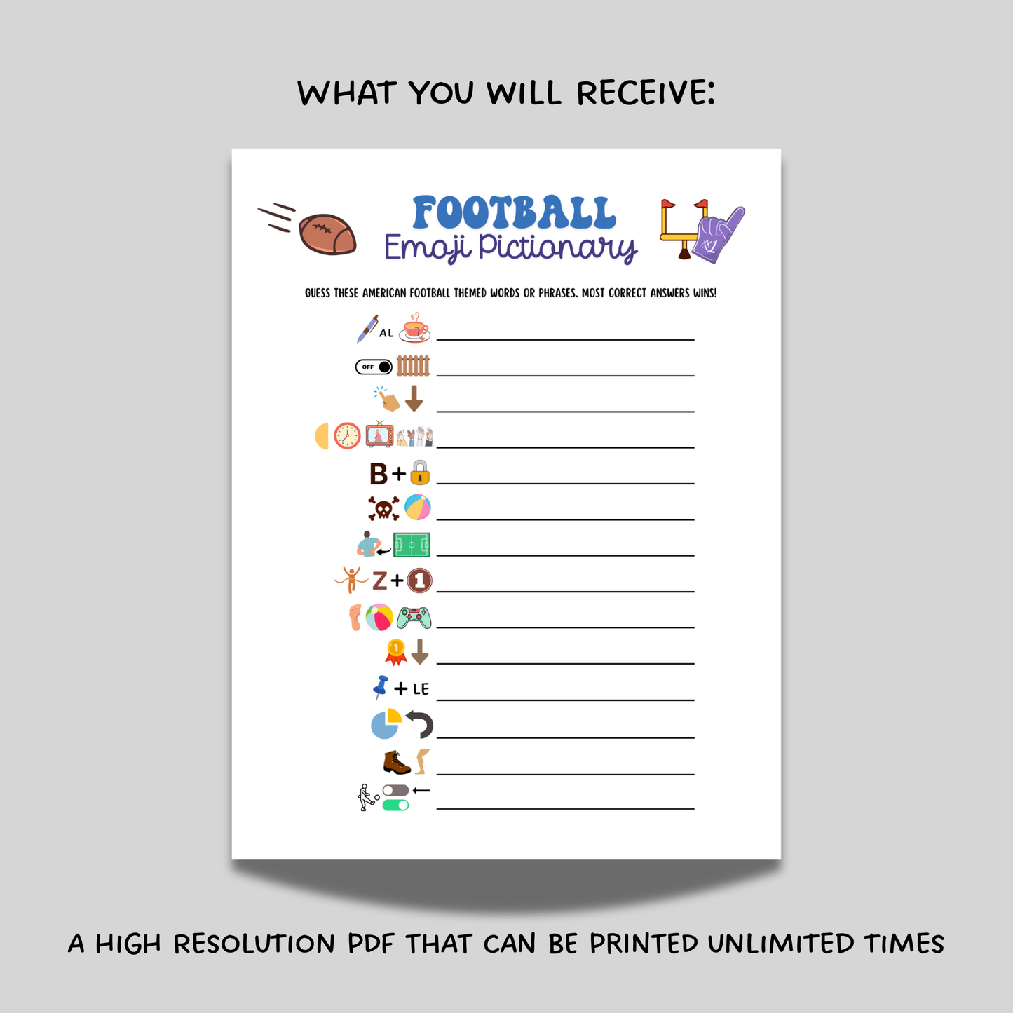 2026 Football Emoji Pictionary Game Printable