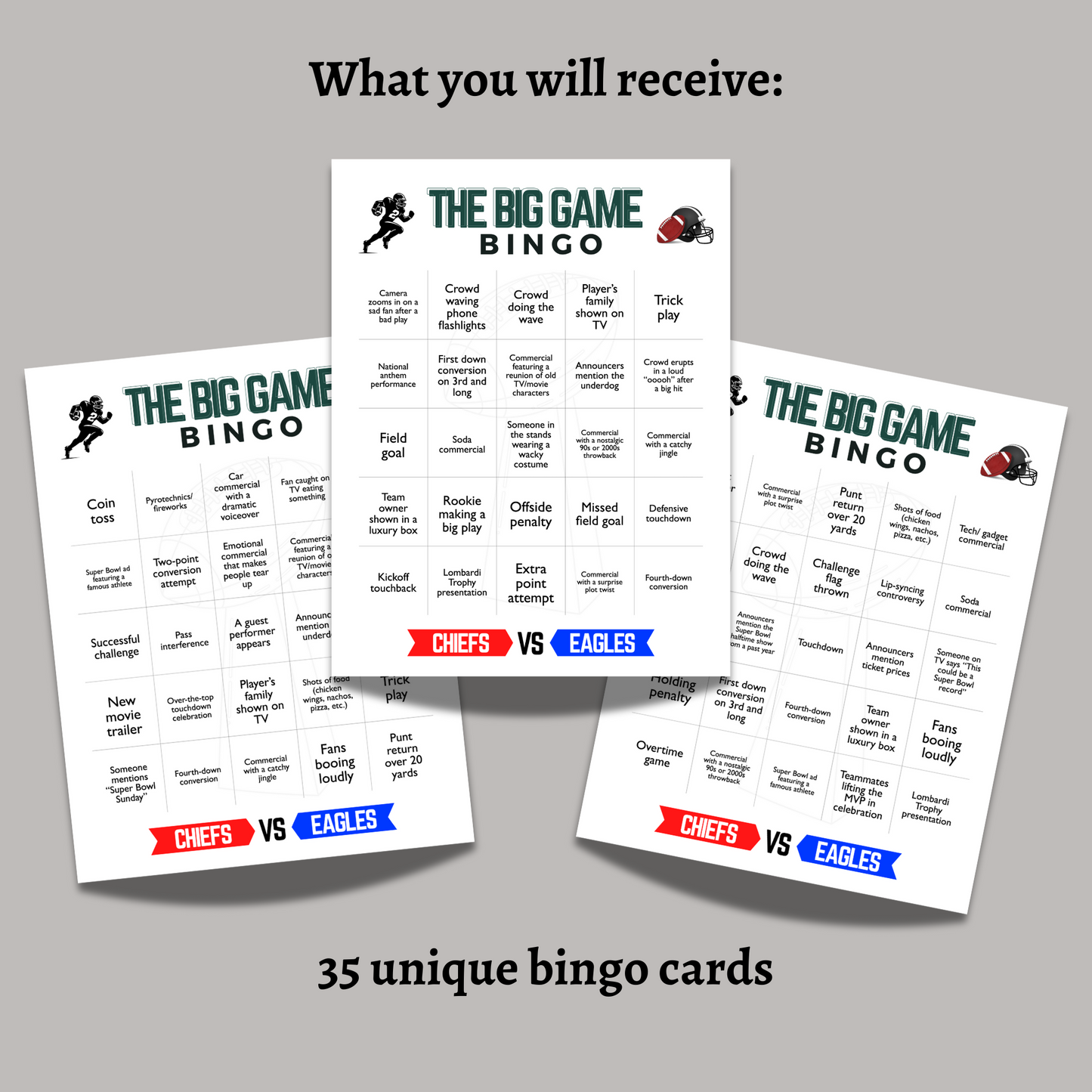 2025 Football Bingo Super Bowl Sunday Big Game Family Watch Party Tailgate Printable Activity LIX 59 Adults & Kids Kansas City Philadelphia