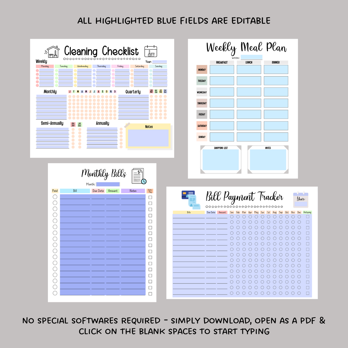 Household Planner Printable, Cleaning Checklist, Meal Planner, Bill Tracker