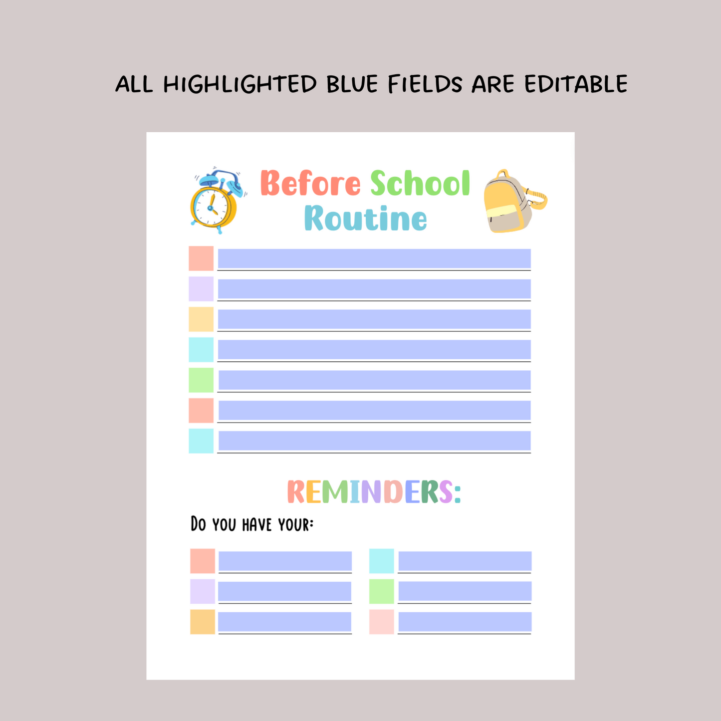 Printable Before School Checklist, Editable Morning Reminders for Kids