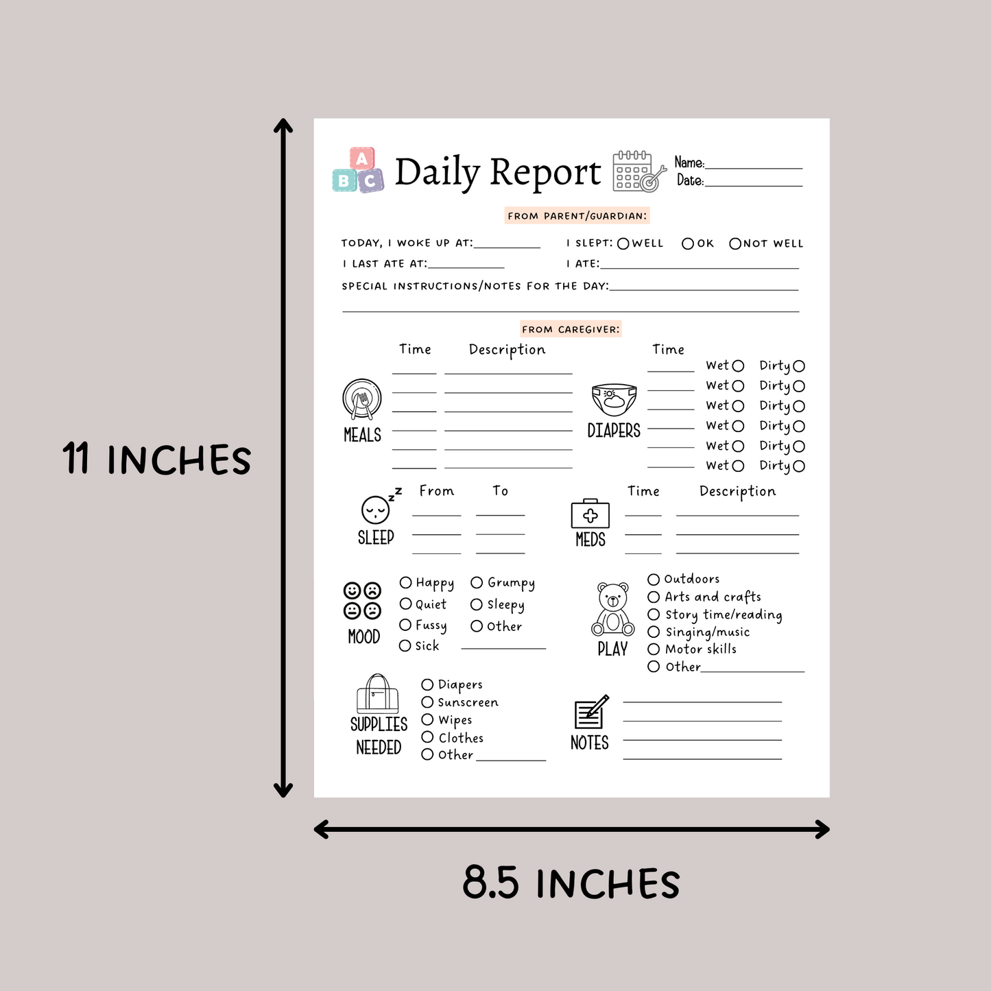 Daily Toddler Log Printable, Infant Baby Schedule for Preschool/ Babysitter