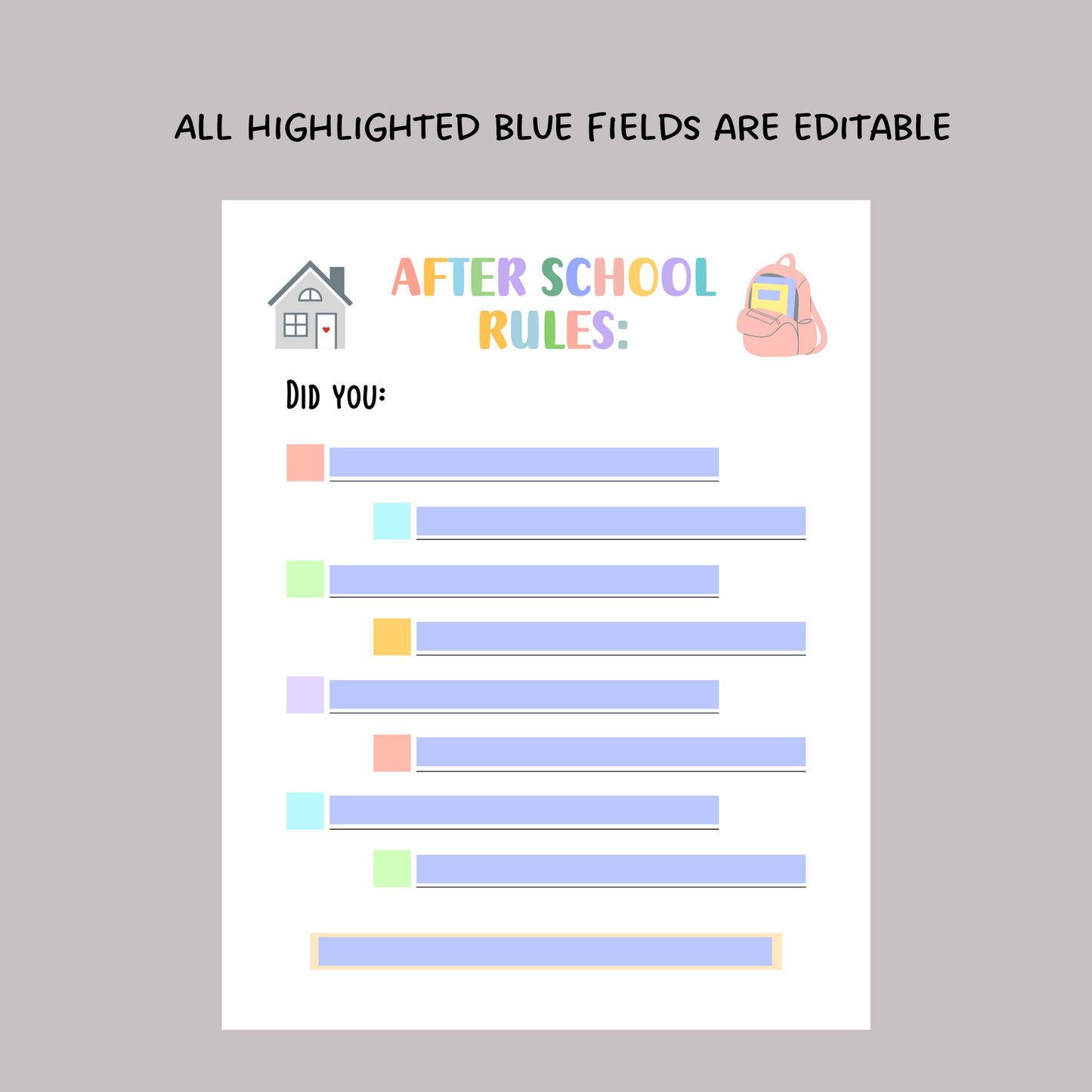 Editable After School Rules Checklist For Kids, Printable Routine Reminders