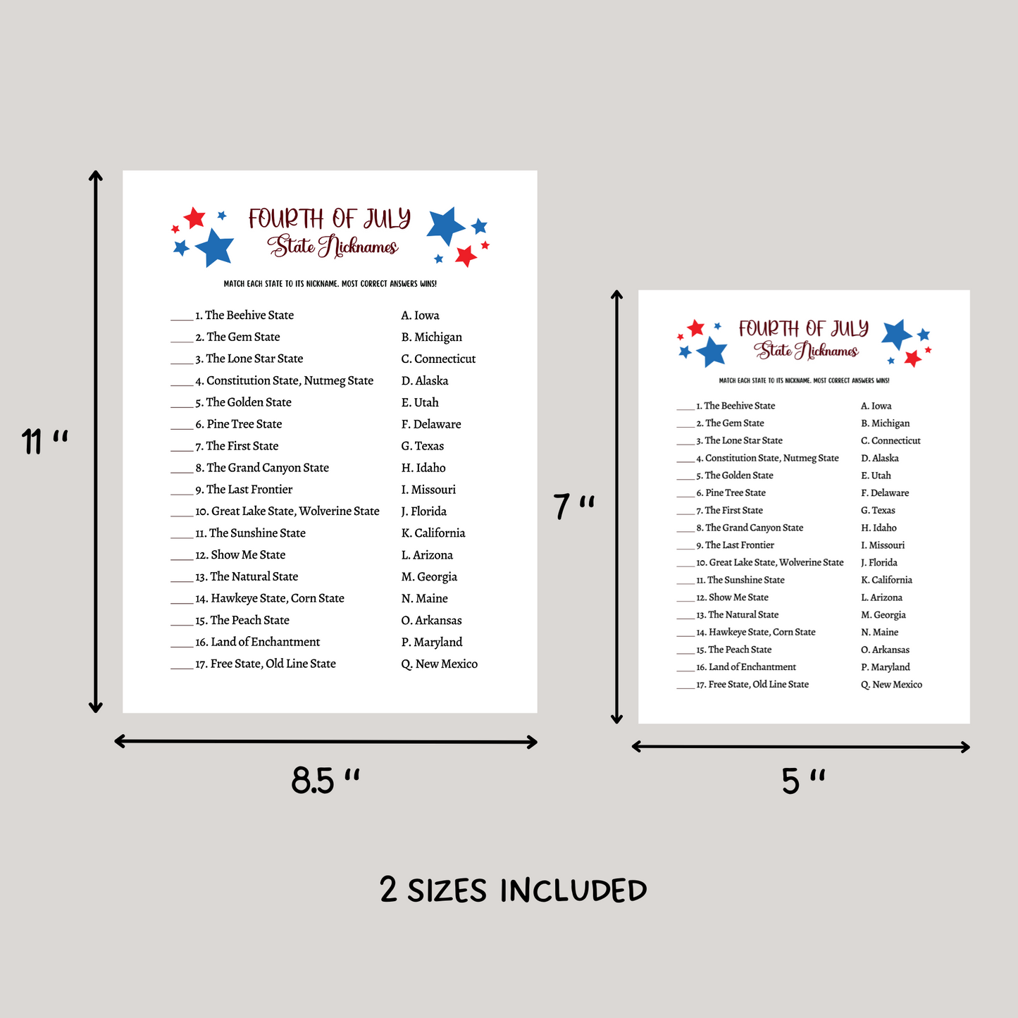 July 4th State Nicknames Game Printable, Family Trivia Activity Adults & Kids