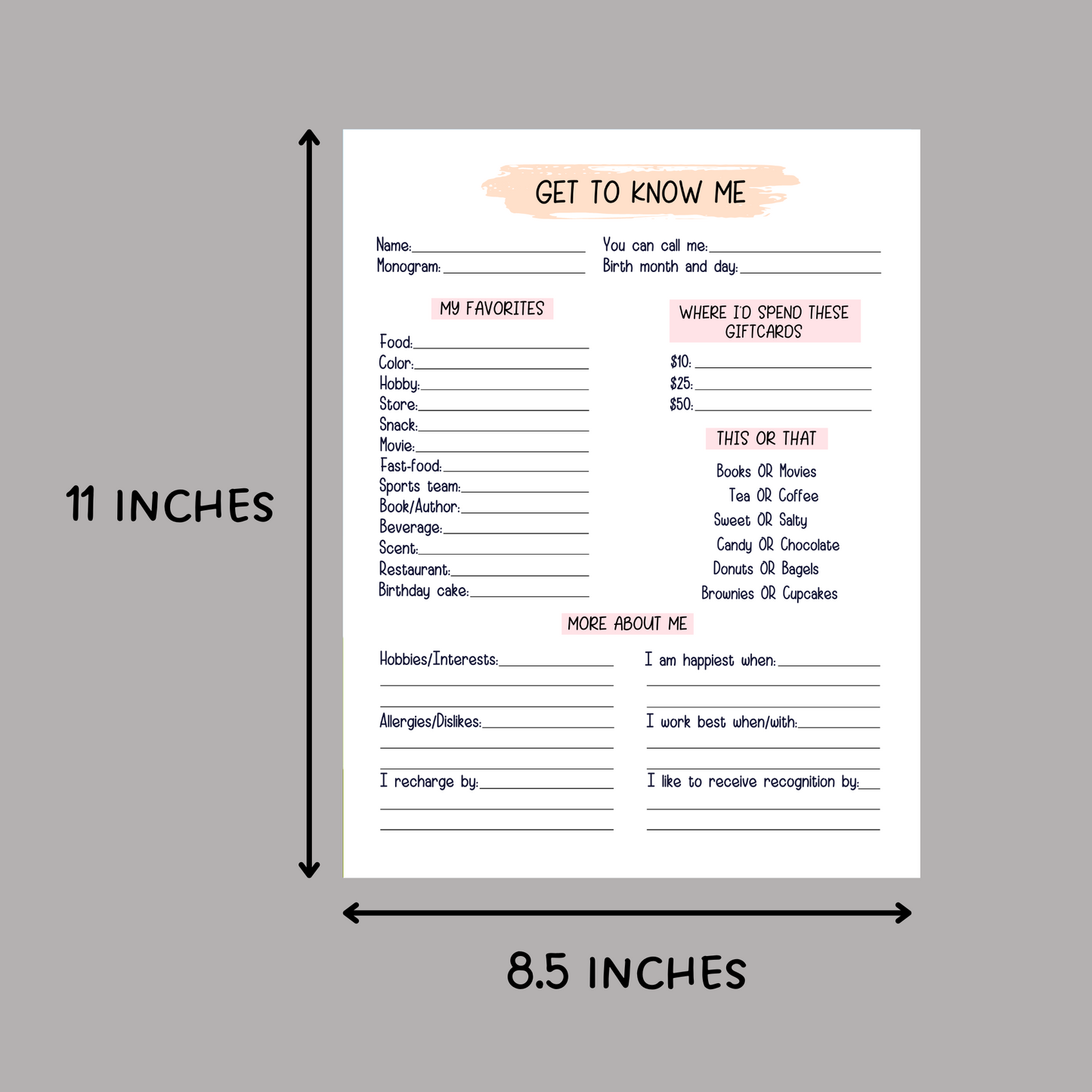 Coworker Questions Printable, All About Me Employee Survey