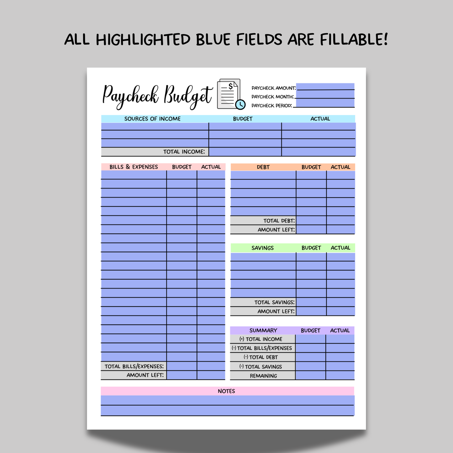 Paycheck Budget Overview Planner Printable, Minimalist Biweekly Budget Tracker Template