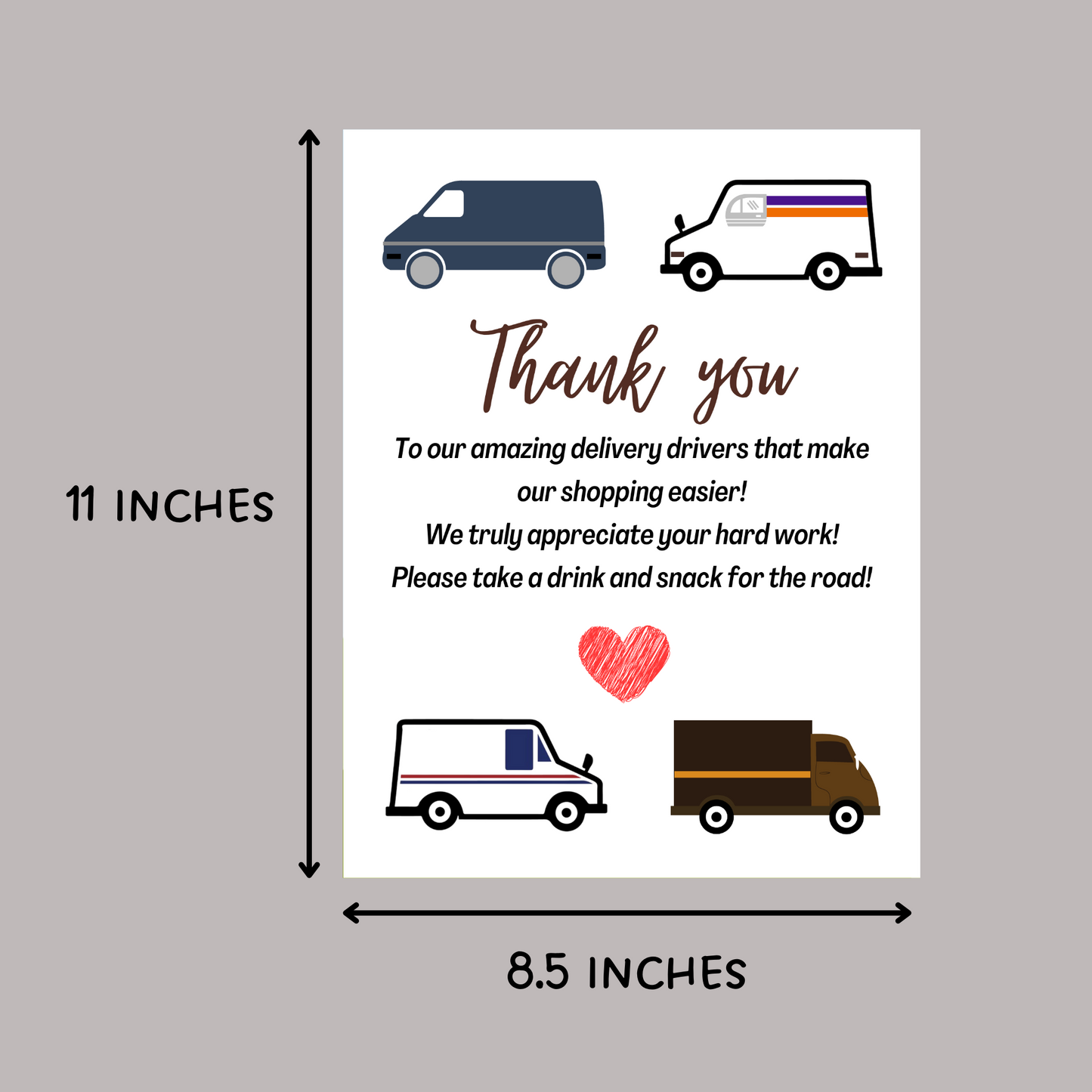 Delivery Driver Appreciation Printable Thank You Snack & Drink Sign