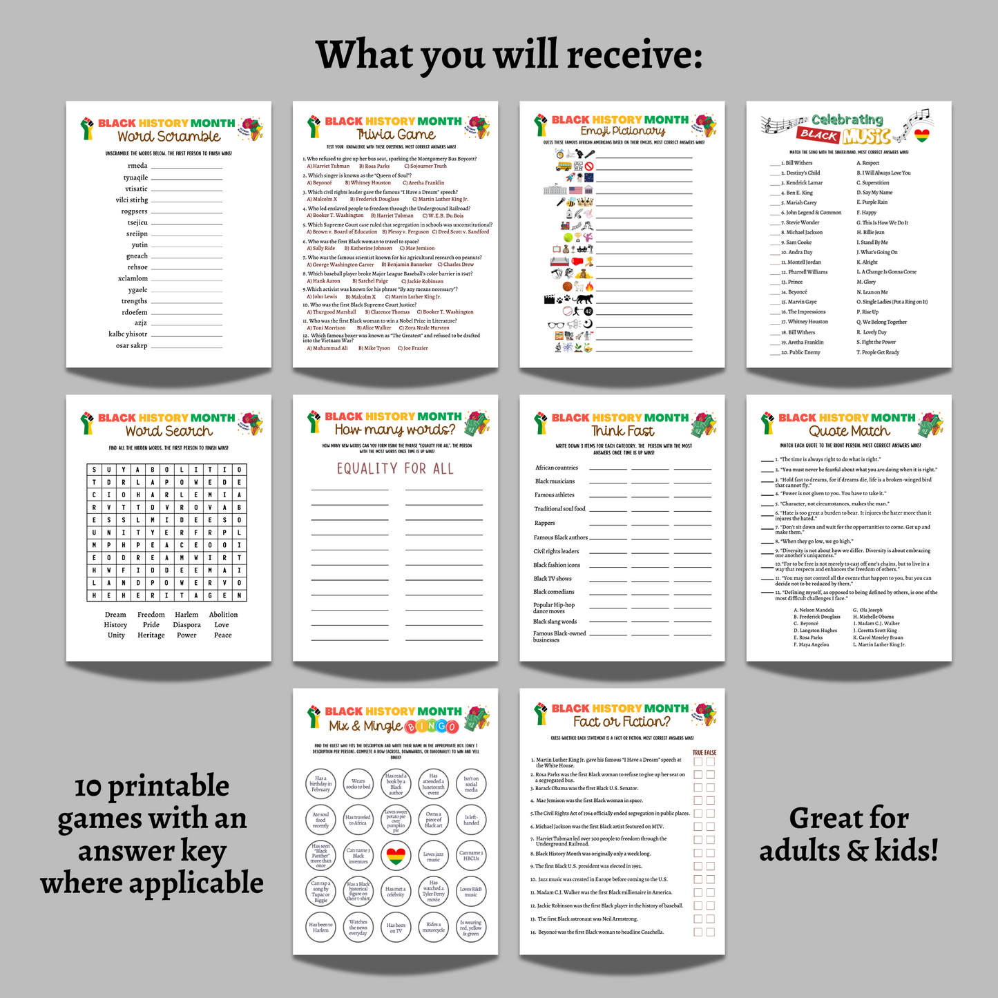 Black History Month Games Printable, African American Historical Celebration Trivia Quiz Party Activity