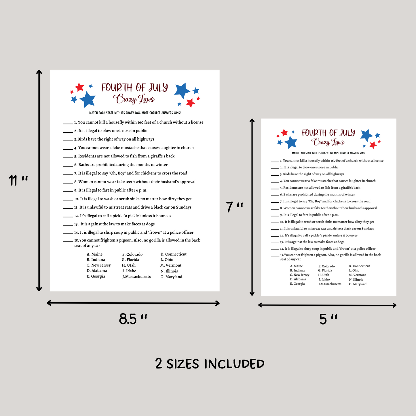 4th of July Crazy Laws Game Printable, Family Trivia Activity Adults & Kids