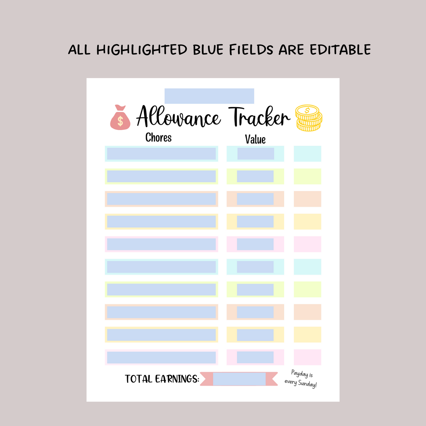 Editable Allowance Chart For Kids, Printable Chore Chart