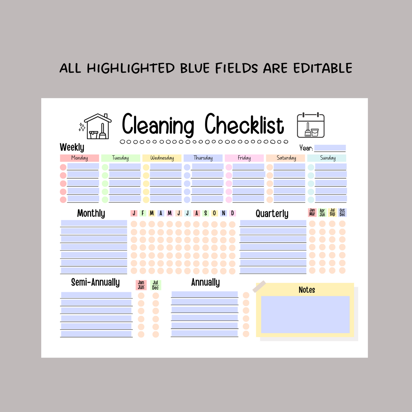 Editable Cleaning Schedule, Printable Digital Cleaning Checklist Planner