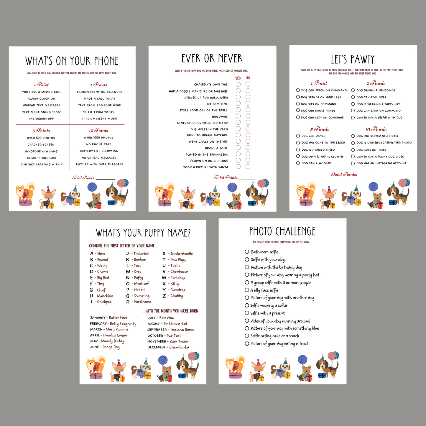 Dog Birthday Party Games Printable, Puppy Shower Pawty Activities