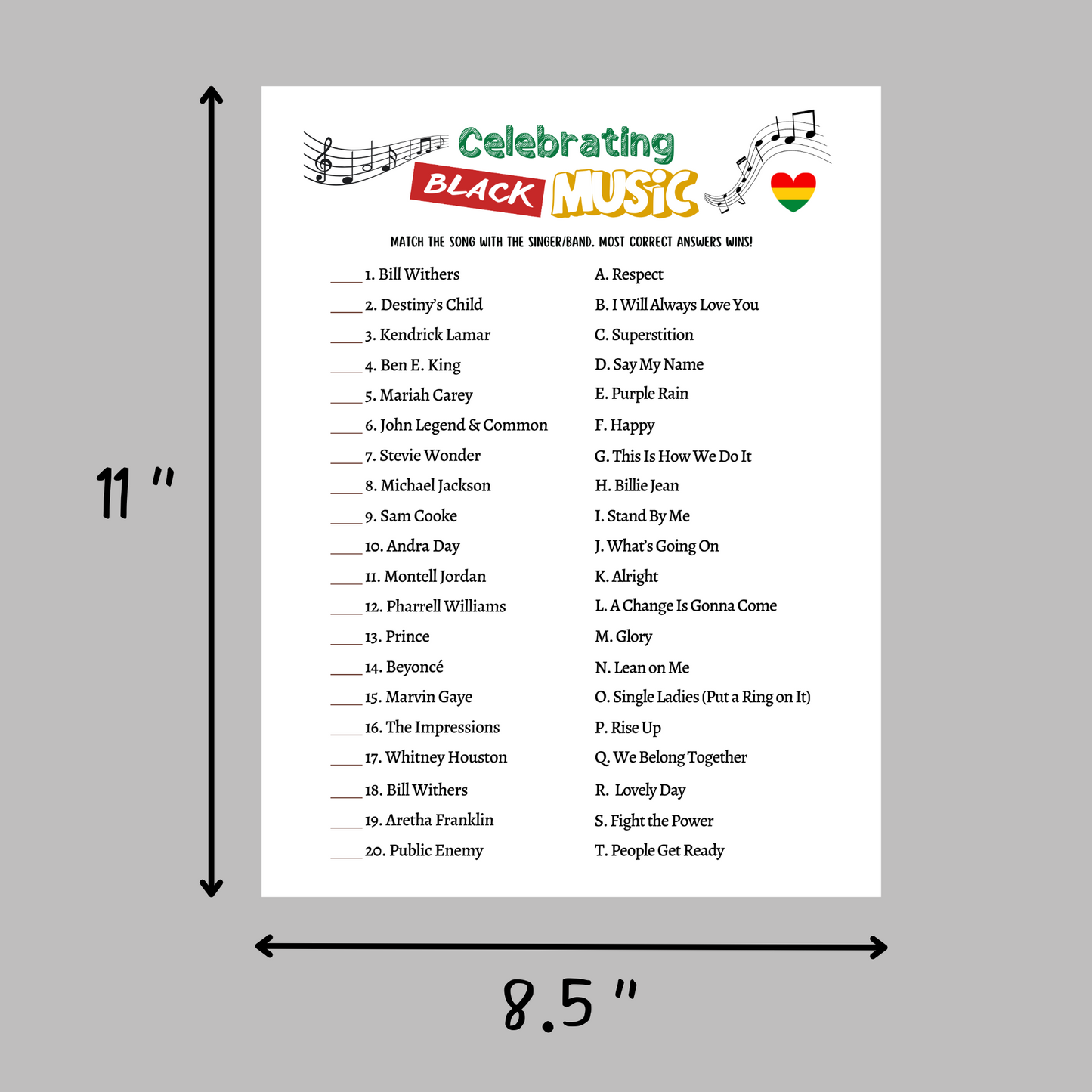 Black History Month Music Trivia Game Printable Historical African American Celebration Party Fun Activity for Adults Kids Seniors Classroom