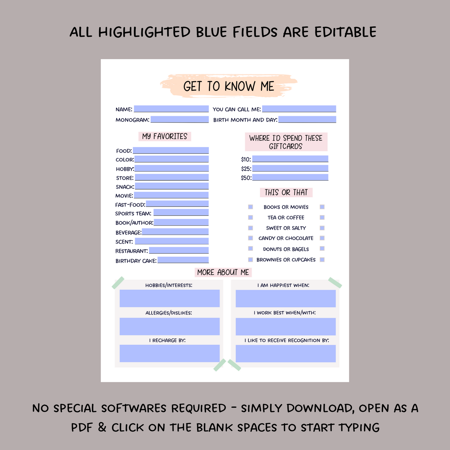 Editable Coworker Questions, Printable All About Me Employee Questionnaire