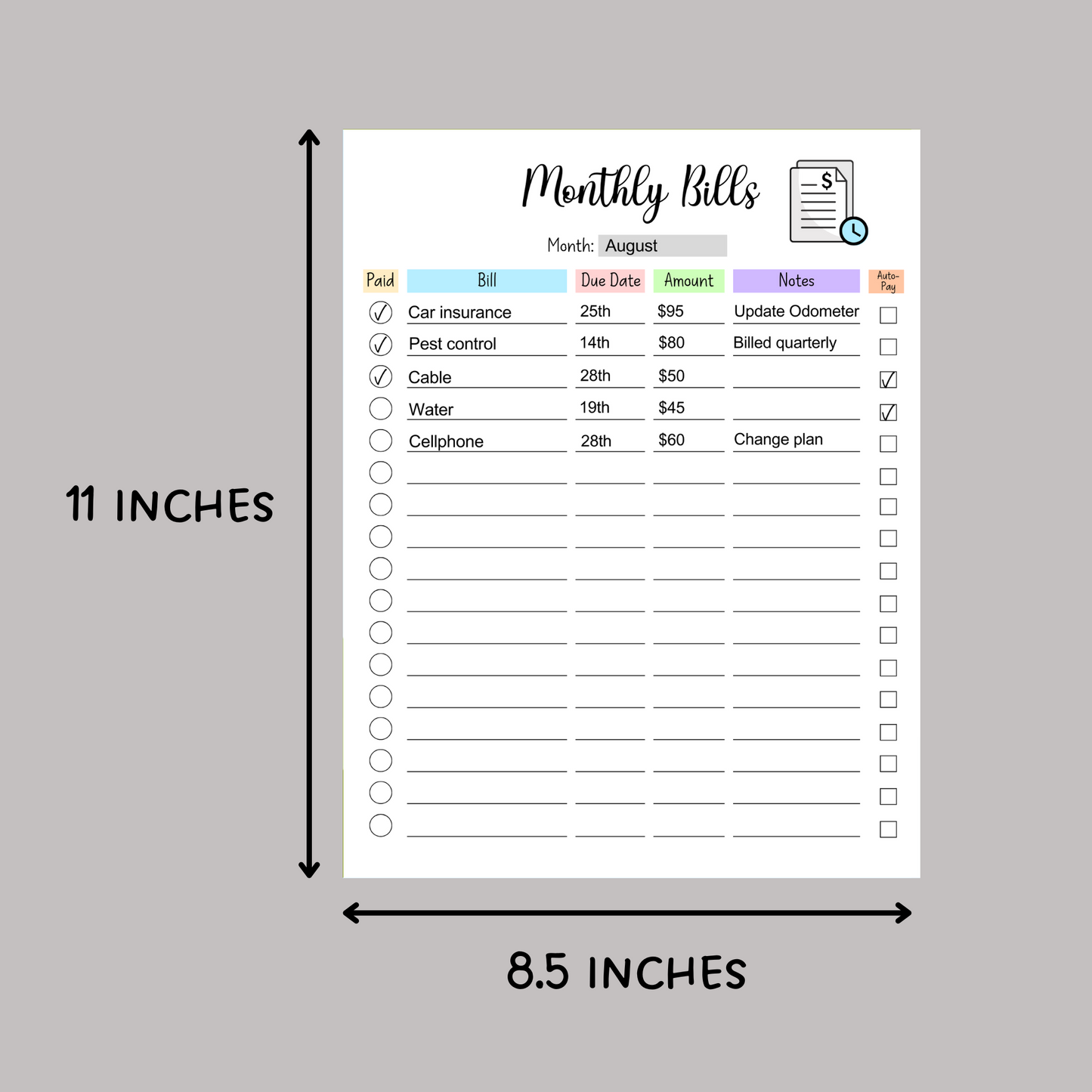 Editable Monthly Bill Tracker, Monthly Bill Log, Payment Checklist Organizer