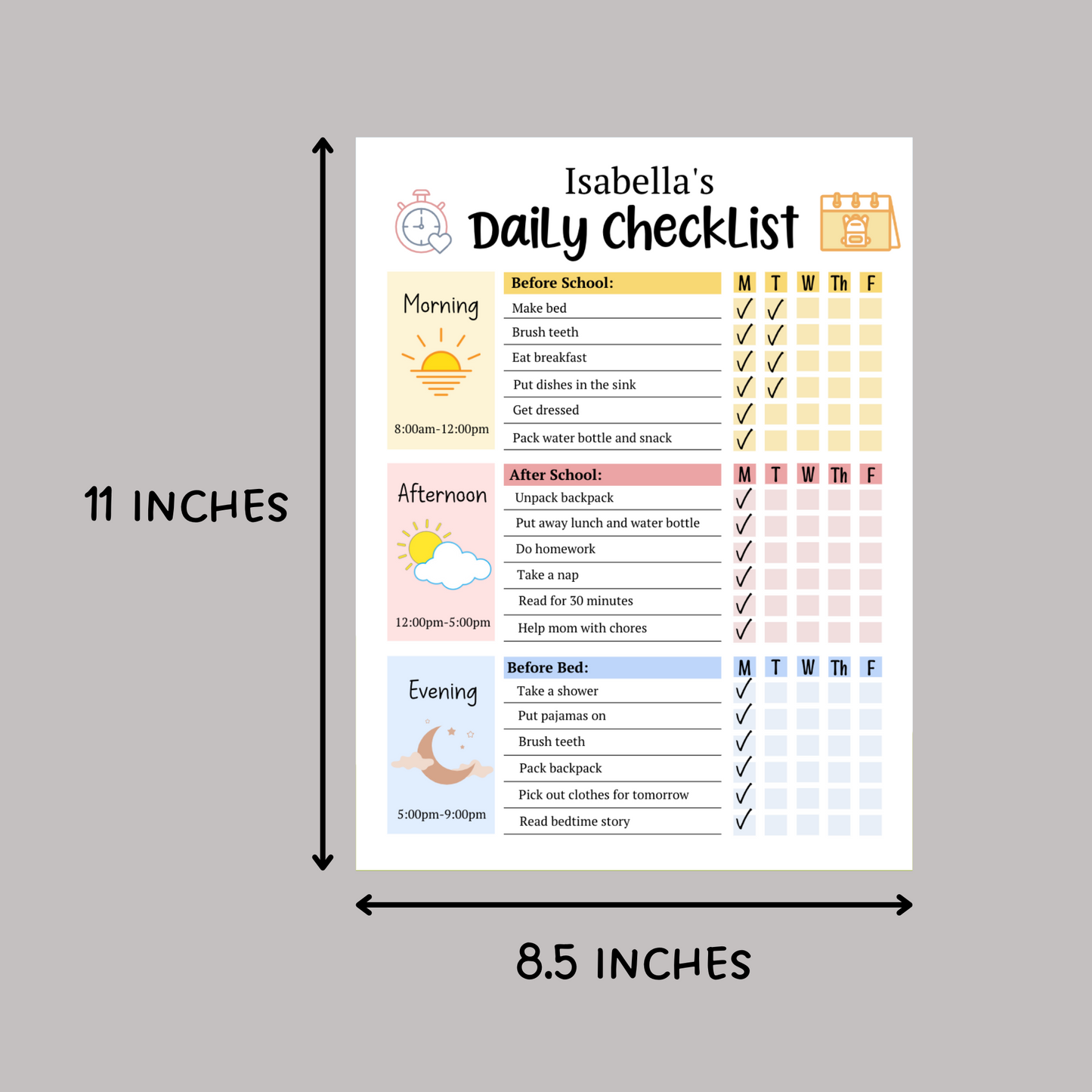 Kids Daily School Checklist Schedule Printable, Editable Chore Chart