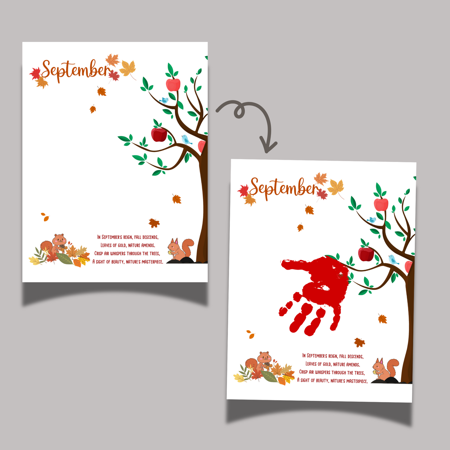 September Handprint Crafts Printable, DIY Art Kids Preschool Activity, DIY Fall Autumn Monthly Keepsakes for Baby Toddler PreK Kindergarten