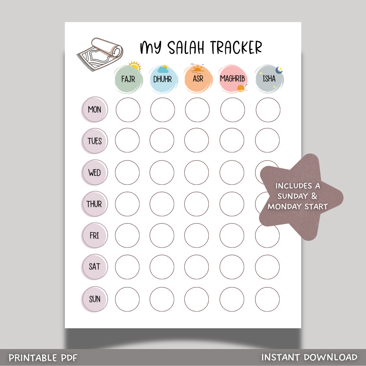 Islamic Salah Tracker Printable for Kids, Muslim Children Daily Namaz Prayer Chart Wall Art For Nursery, Digital Poster Print Weekly Sheet