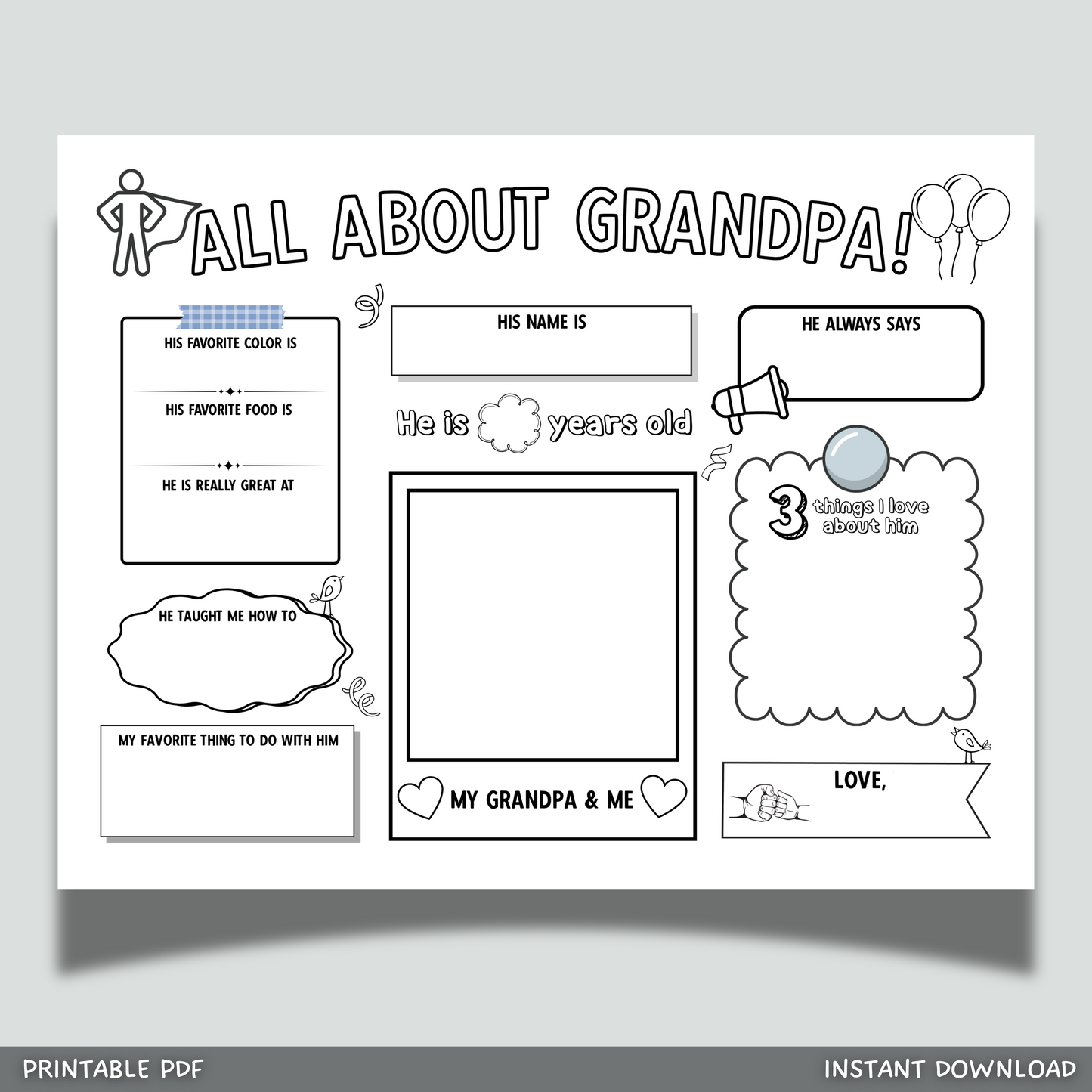 All About Grandpa Survey Printable, Grandparents Day Card Questionnaire Gift Ideas from Kids Personalized Keepsake Worksheet Coloring Page