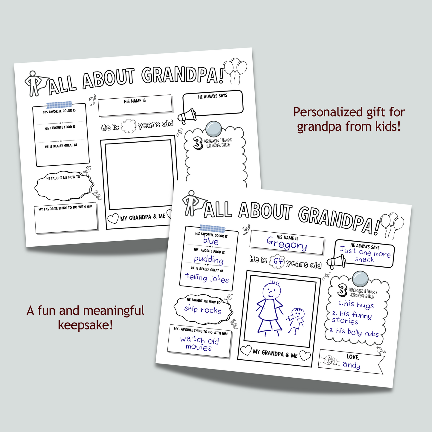 All About Grandpa Survey Printable, Grandparents Day Card Questionnaire Gift Ideas from Kids Personalized Keepsake Worksheet Coloring Page