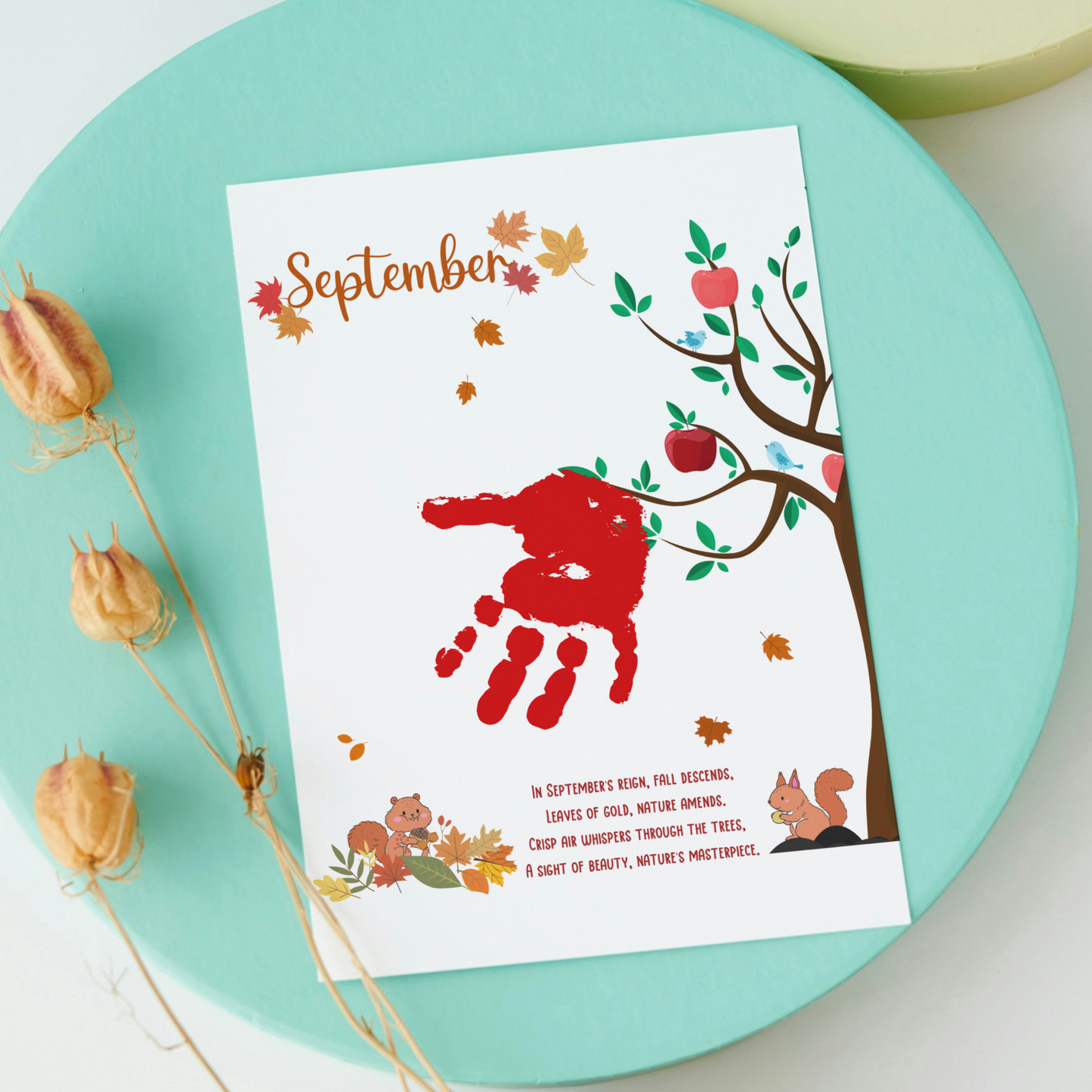 September Handprint Crafts Printable, DIY Art Kids Preschool Activity, DIY Fall Autumn Monthly Keepsakes for Baby Toddler PreK Kindergarten