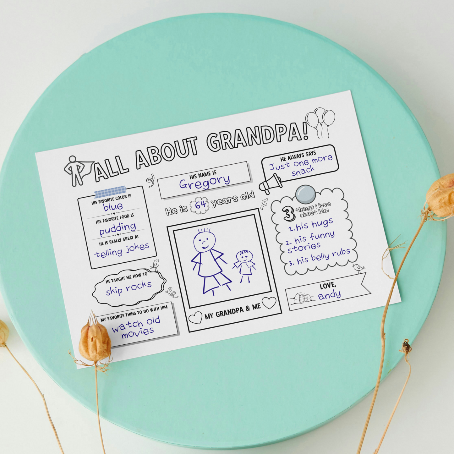 All About Grandpa Survey Printable, Grandparents Day Card Questionnaire Gift Ideas from Kids Personalized Keepsake Worksheet Coloring Page