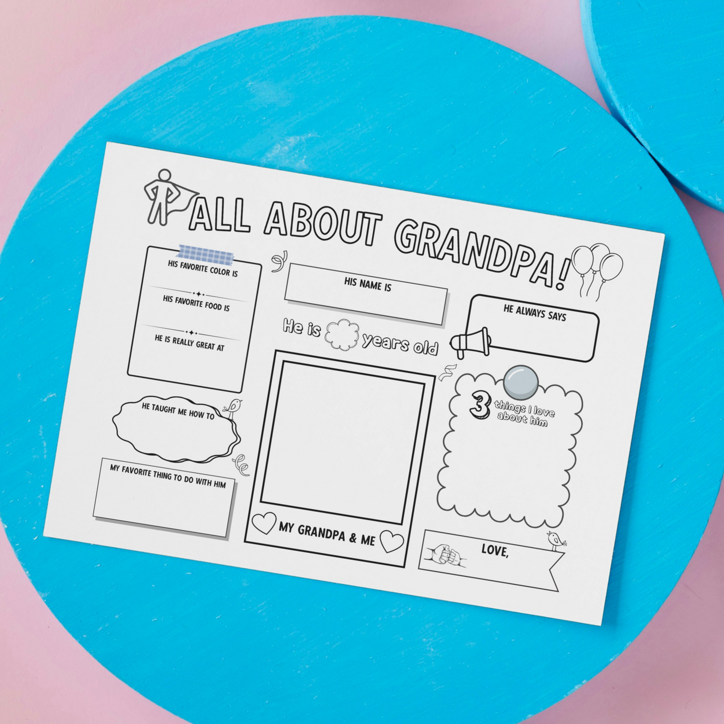 All About Grandpa Survey Printable, Grandparents Day Card Questionnaire Gift Ideas from Kids Personalized Keepsake Worksheet Coloring Page