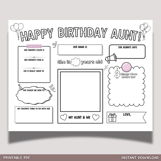 Happy Birthday Aunt Coloring Page Printable, DIY Personalized Gift from Kids Auntie Card