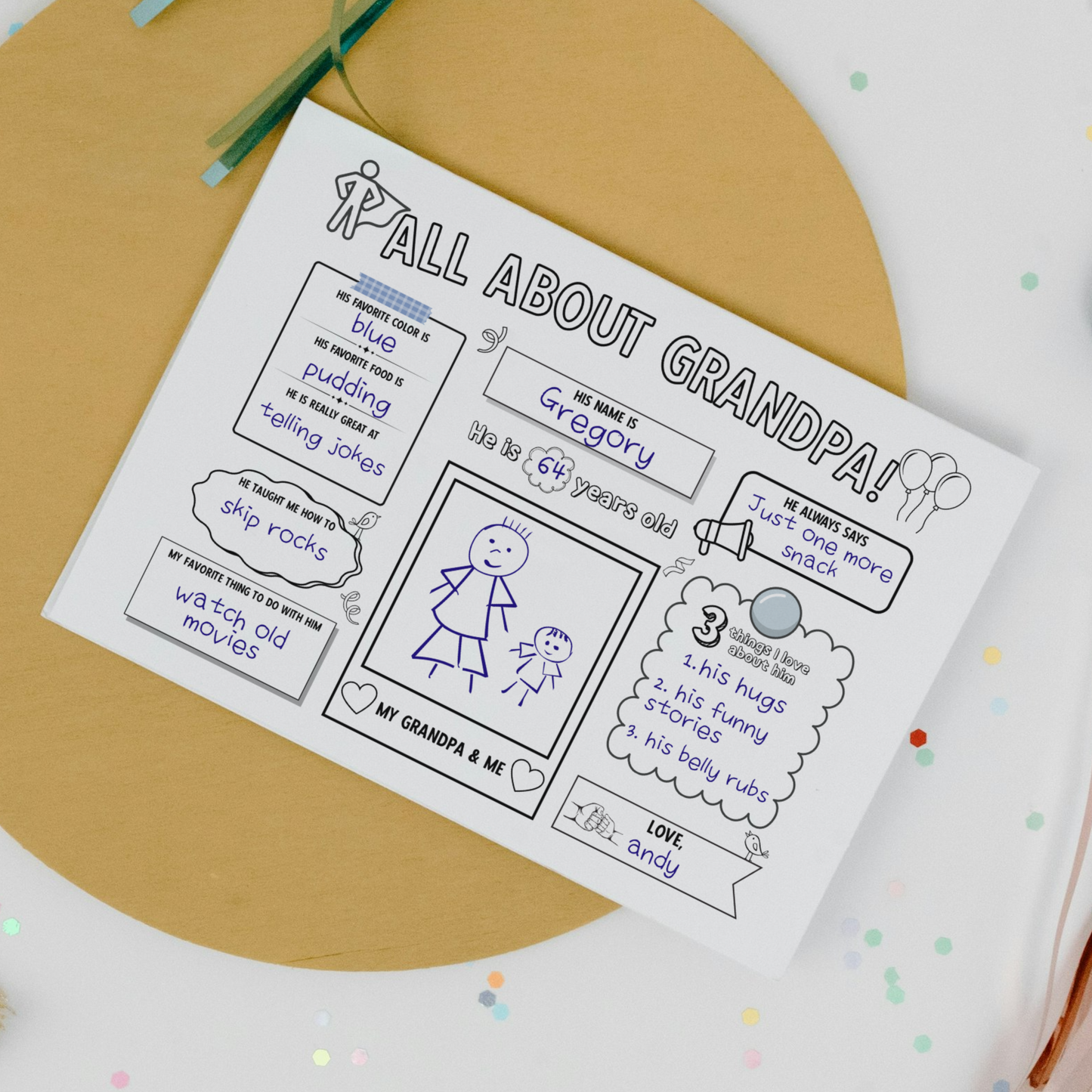 All About Grandpa Survey Printable, Grandparents Day Card Questionnaire Gift Ideas from Kids Personalized Keepsake Worksheet Coloring Page