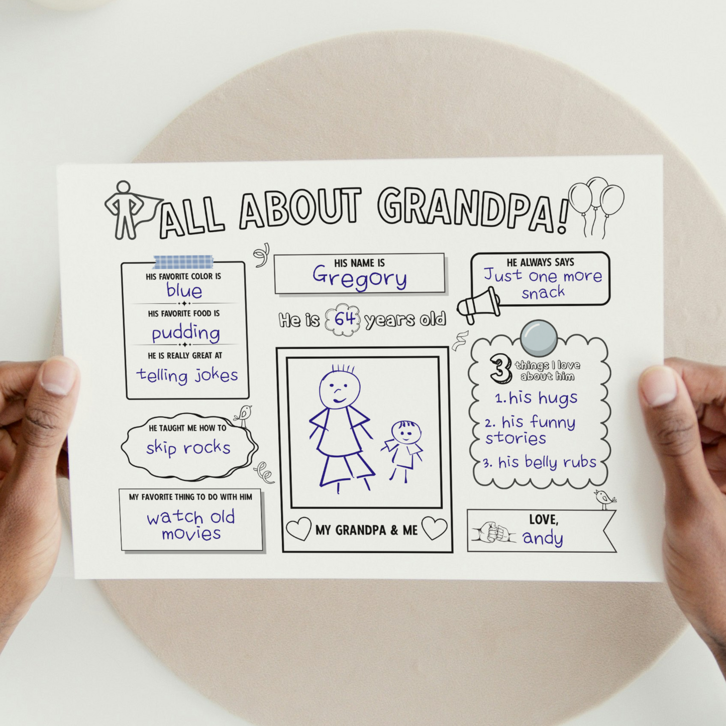 All About Grandpa Survey Printable, Grandparents Day Card Questionnaire Gift Ideas from Kids Personalized Keepsake Worksheet Coloring Page