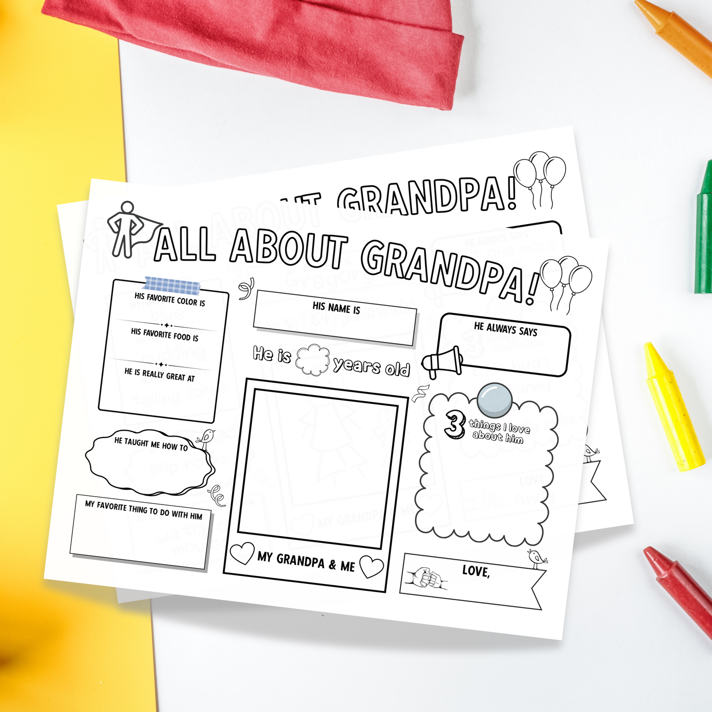 All About Grandpa Survey Printable, Grandparents Day Card Questionnaire Gift Ideas from Kids Personalized Keepsake Worksheet Coloring Page