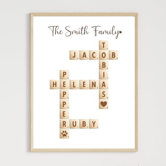 Custom Family Name Sign Printable, Personalized Crossword Scrabble Letter Tile Puzzle Gift