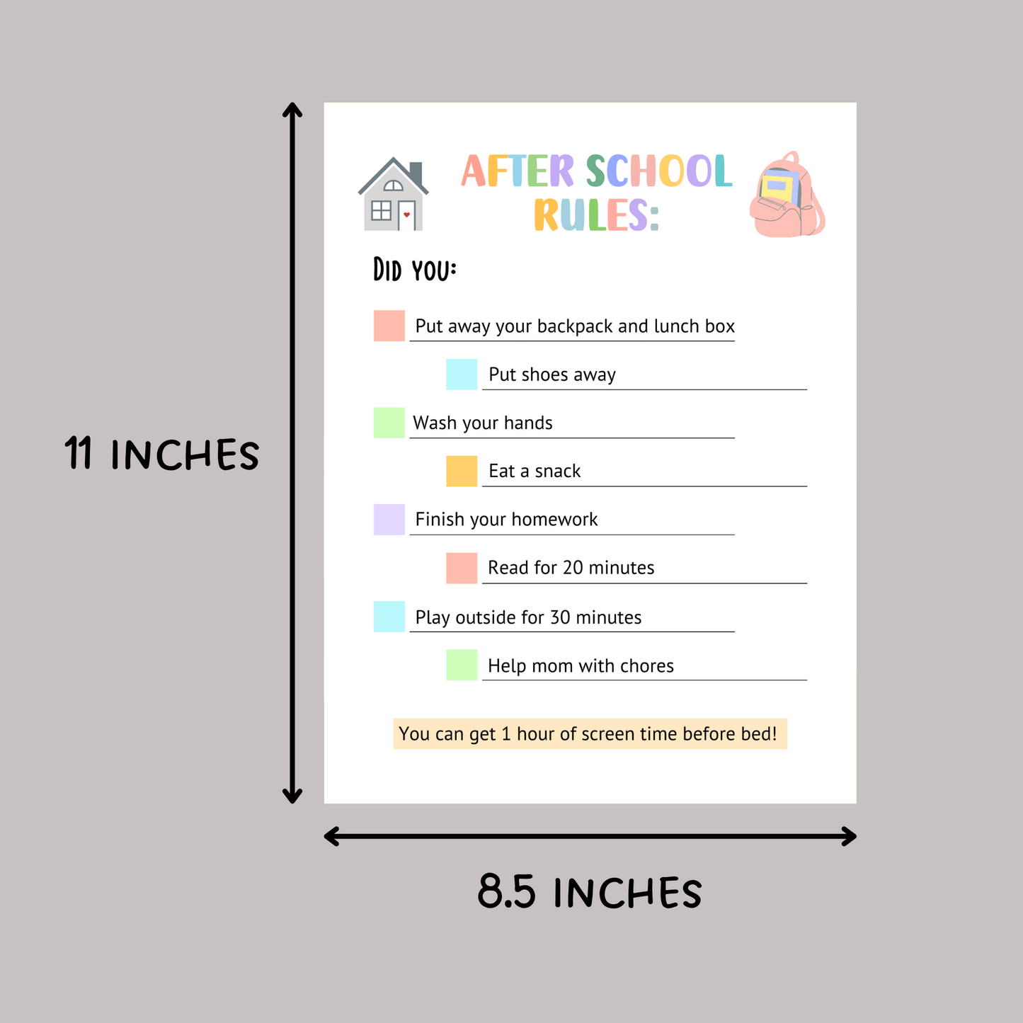 Editable After School Rules Checklist For Kids, Printable Routine Reminders