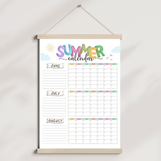 Summer Monthly Calendar Poster Printable, Family Planner Schedule