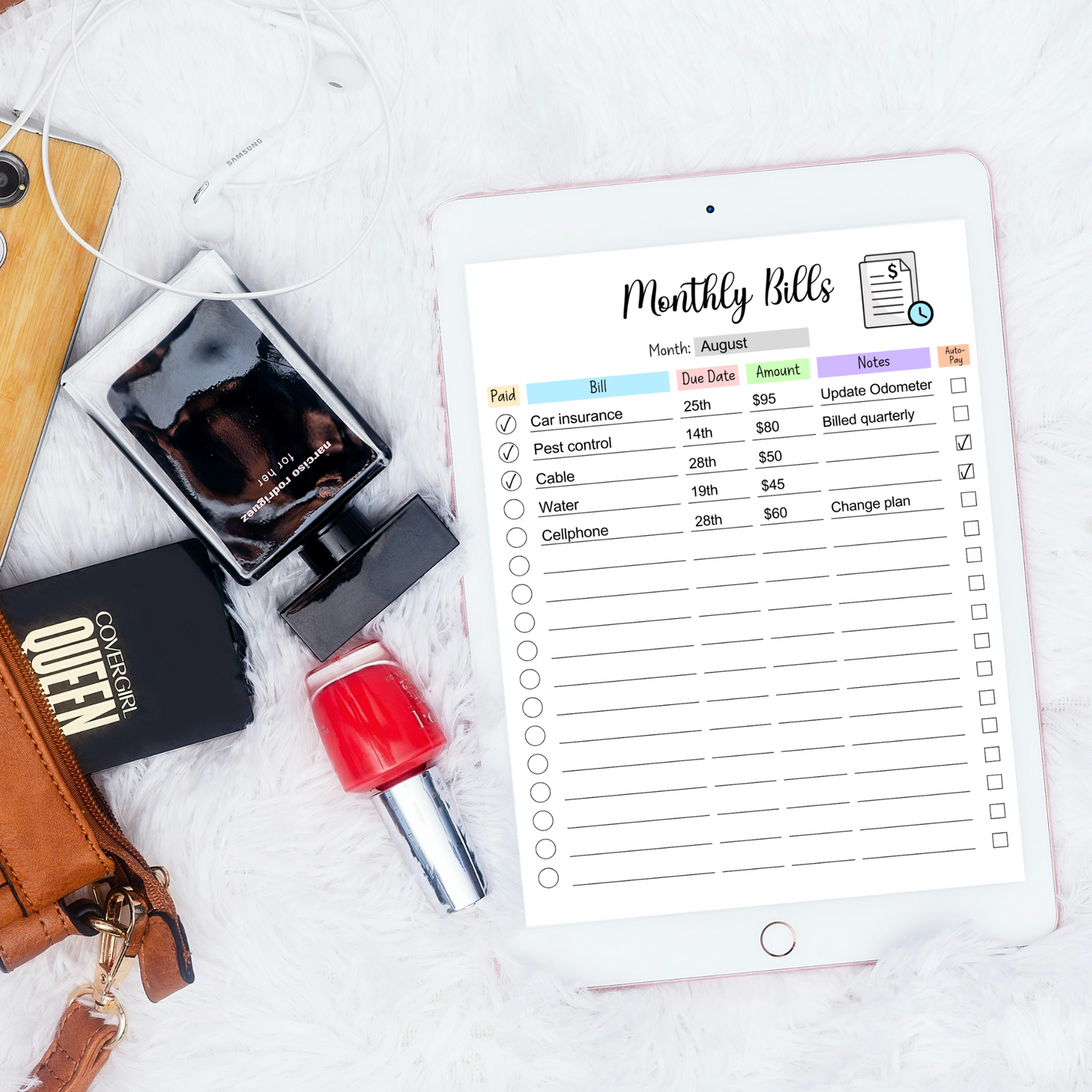 Editable Monthly Bill Tracker, Monthly Bill Log, Payment Checklist Organizer