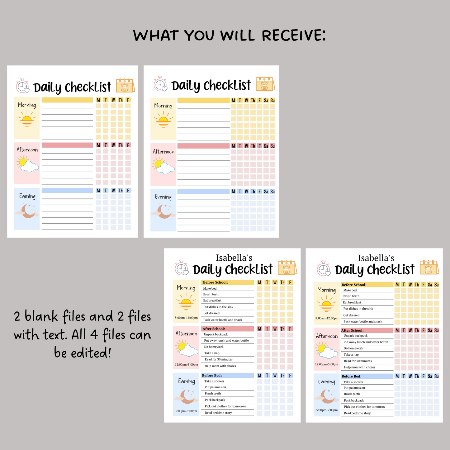 Kids Daily School Checklist Schedule Printable, Editable Chore Chart