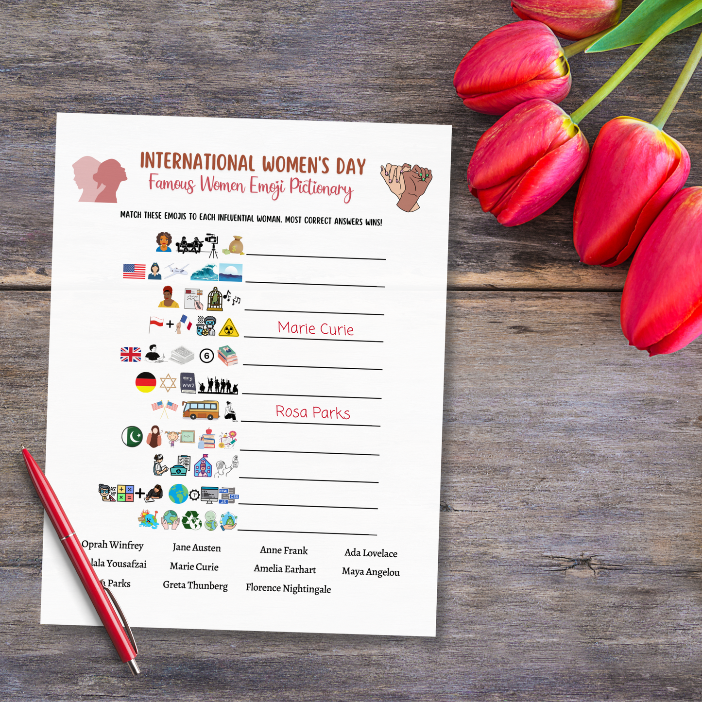 International Women's Day Emoji Pictionary Game Printable