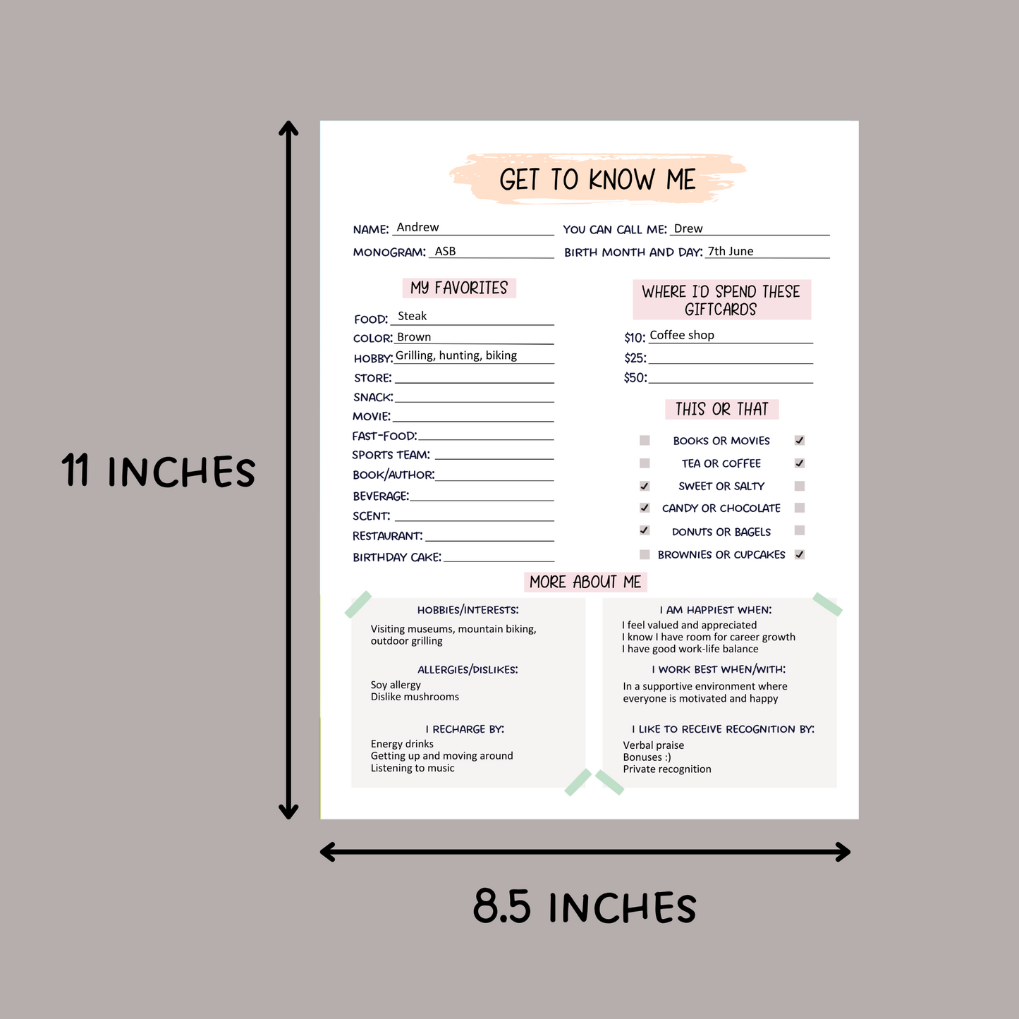 Editable Coworker Questions, Printable All About Me Employee Questionnaire