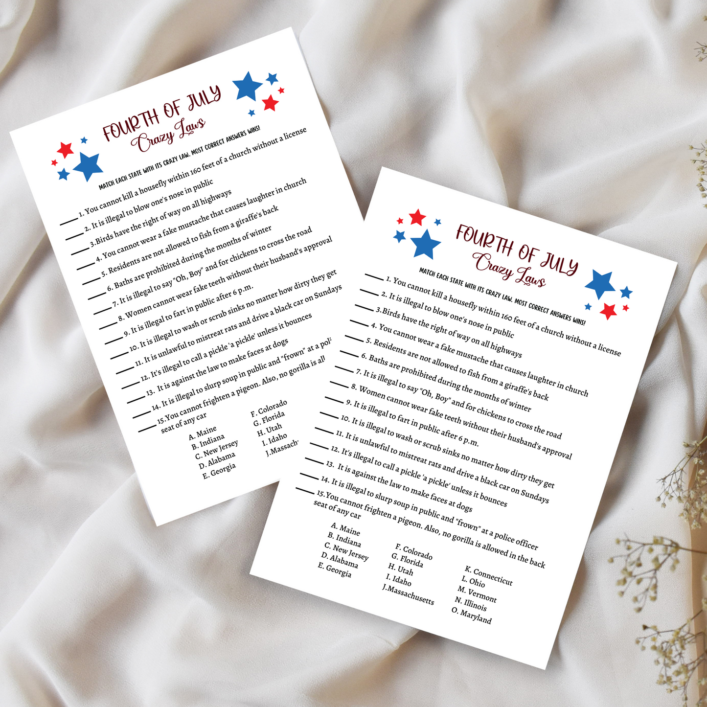 4th of July Crazy Laws Game Printable, Family Trivia Activity Adults & Kids