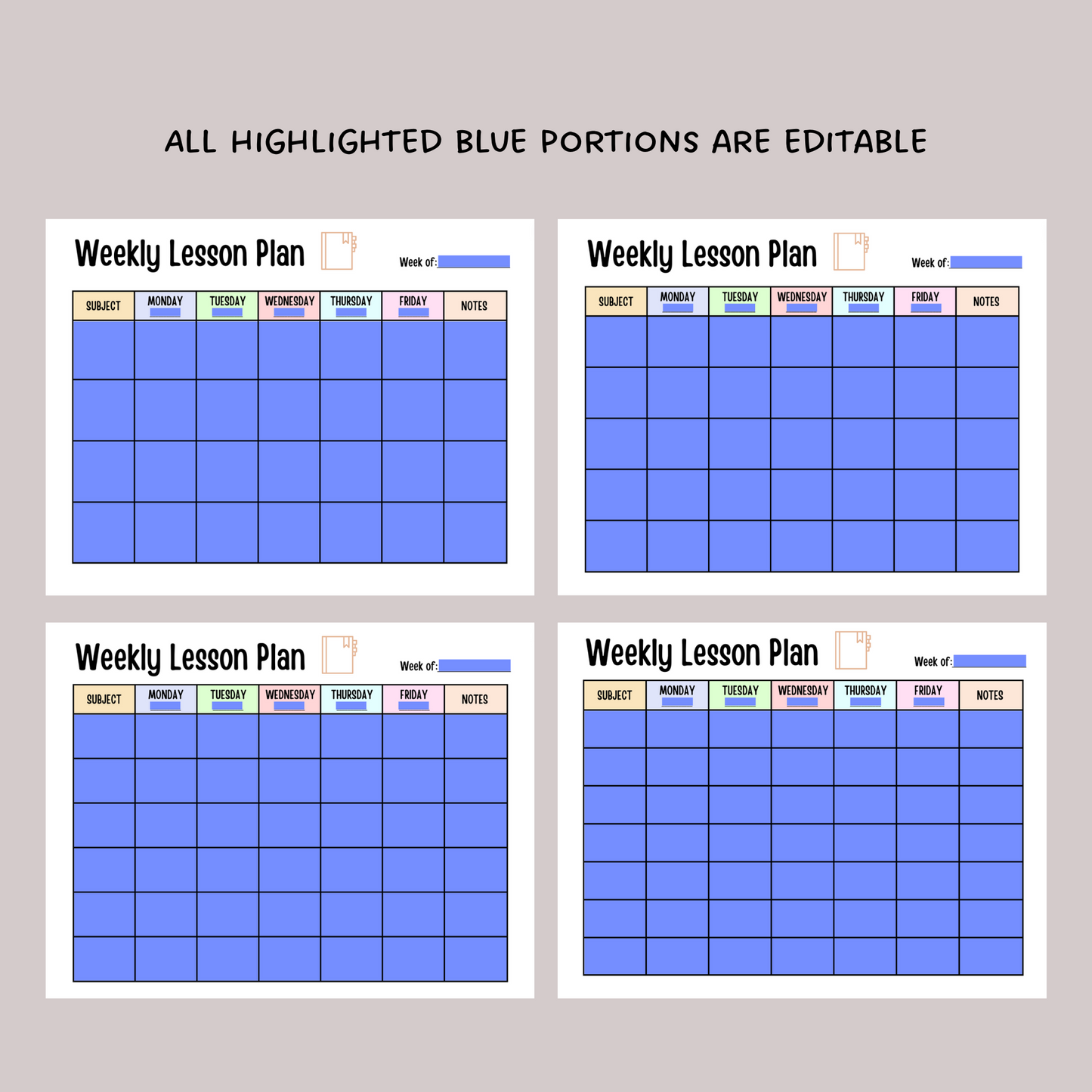 Weekly Lesson Plan Printable, Editable School Planner Schedule