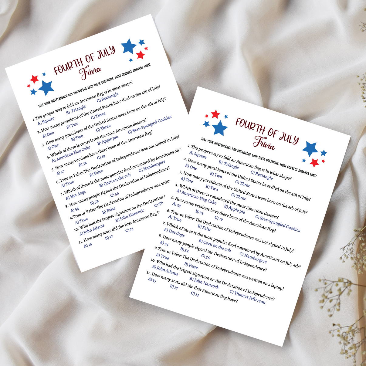 July 4th Trivia Game Printable, Family Activity Adults &amp; Kids ...