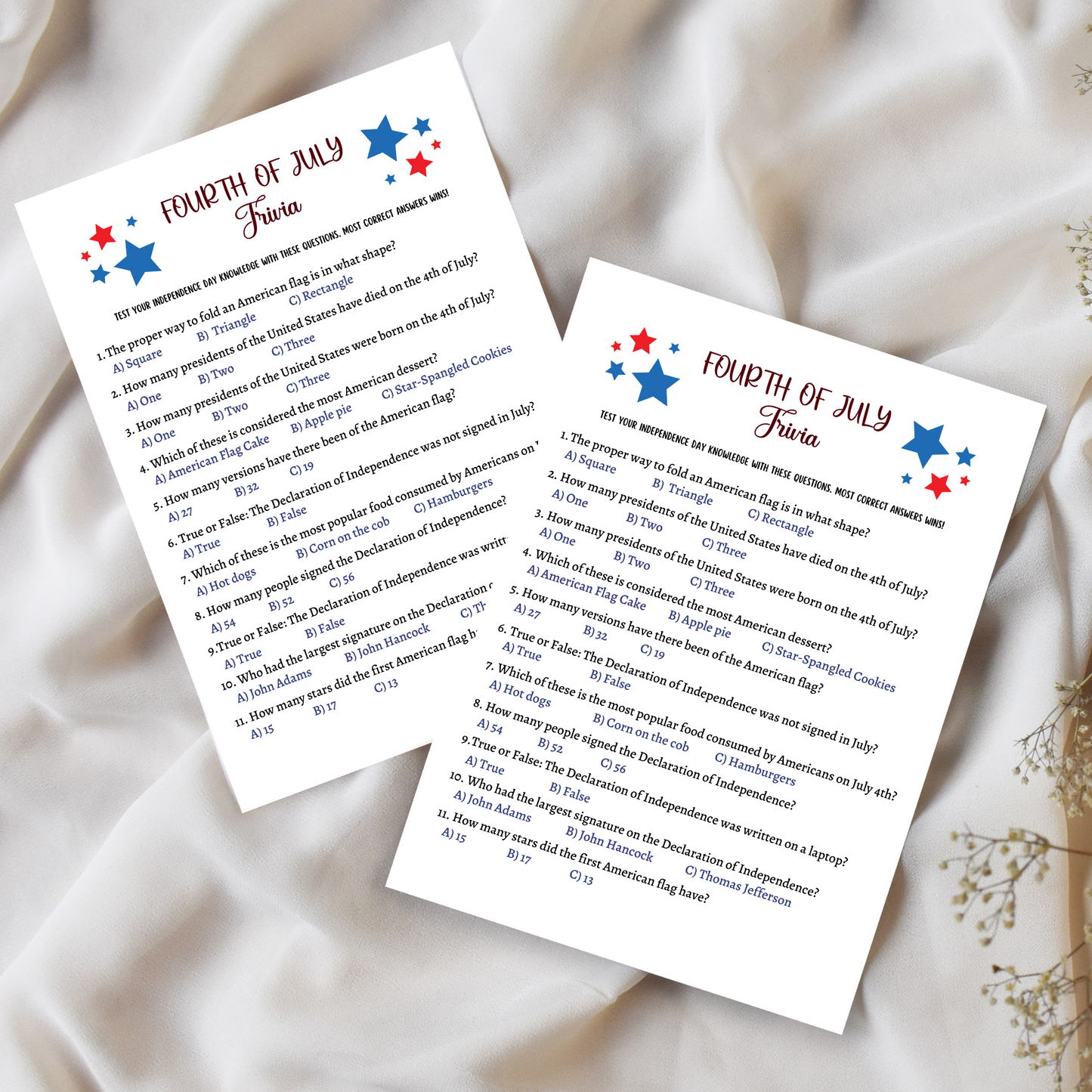 July 4th Trivia Game Printable, Family Activity Adults & Kids