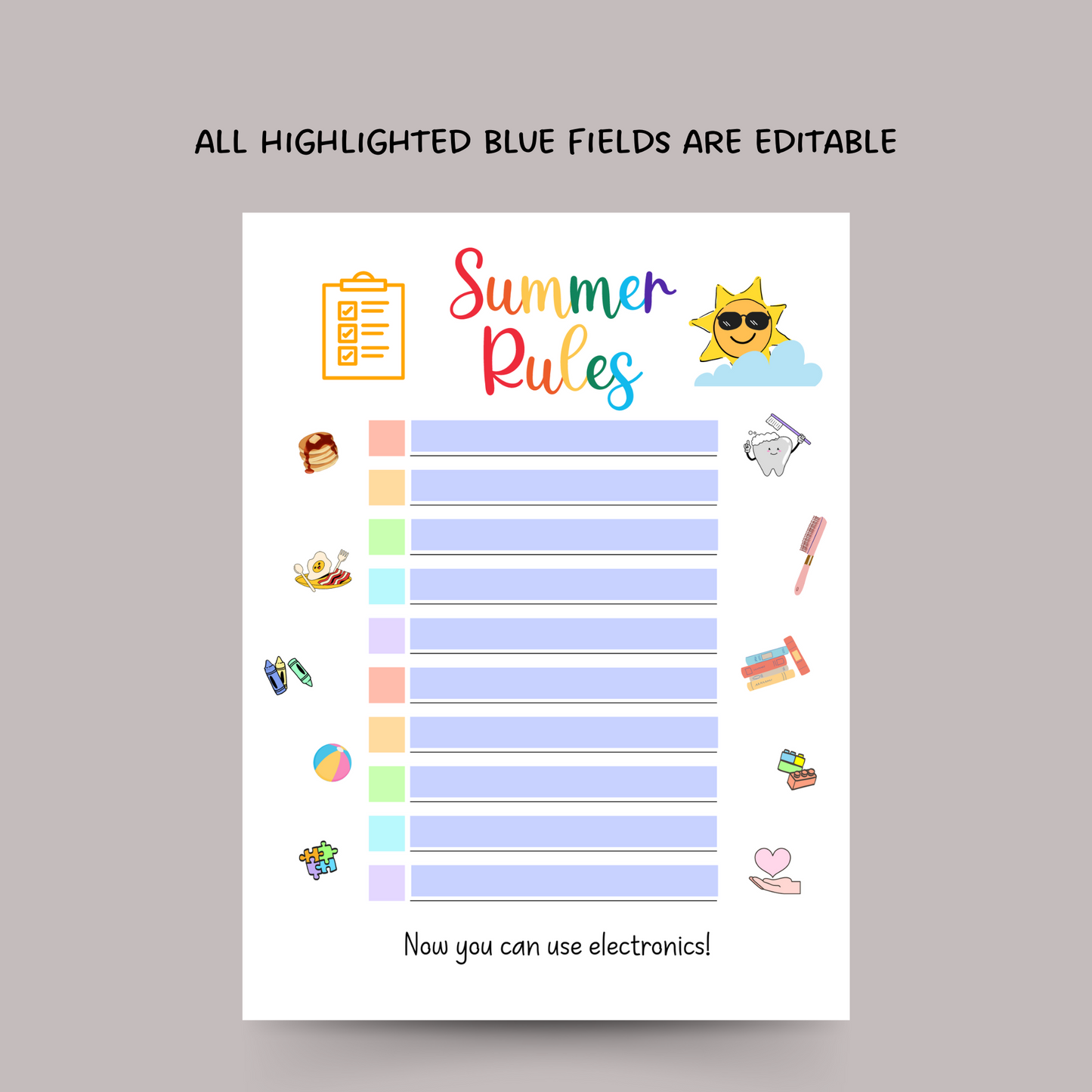 Editable Summer Rules For Kids, Printable Daily Checklist